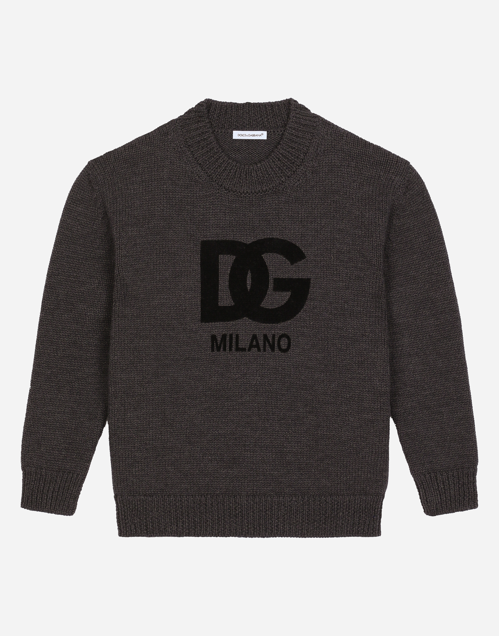 DOLCE & GABBANA WOOL ROUND-NECK SWEATER WITH FLOCKED DG LOGO