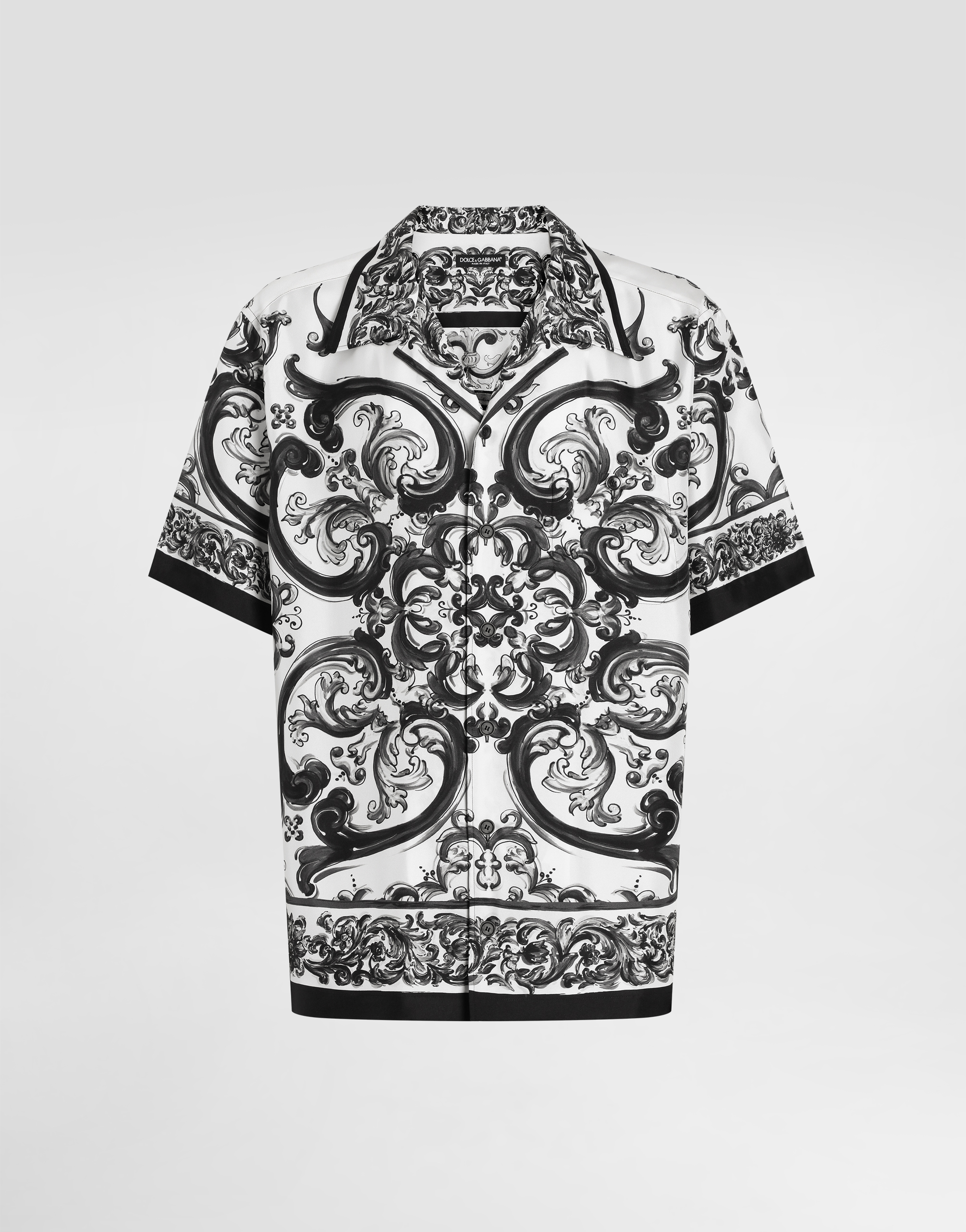 Dolce & Gabbana Maiolica Black And White Bowling Shirt With Cuban Collar And All-over Print In Silk Man In Black