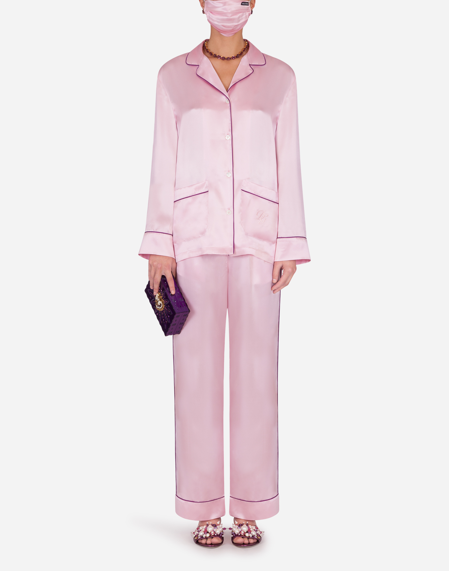 Dg-embellished pajama set with matching face mask in PINK for