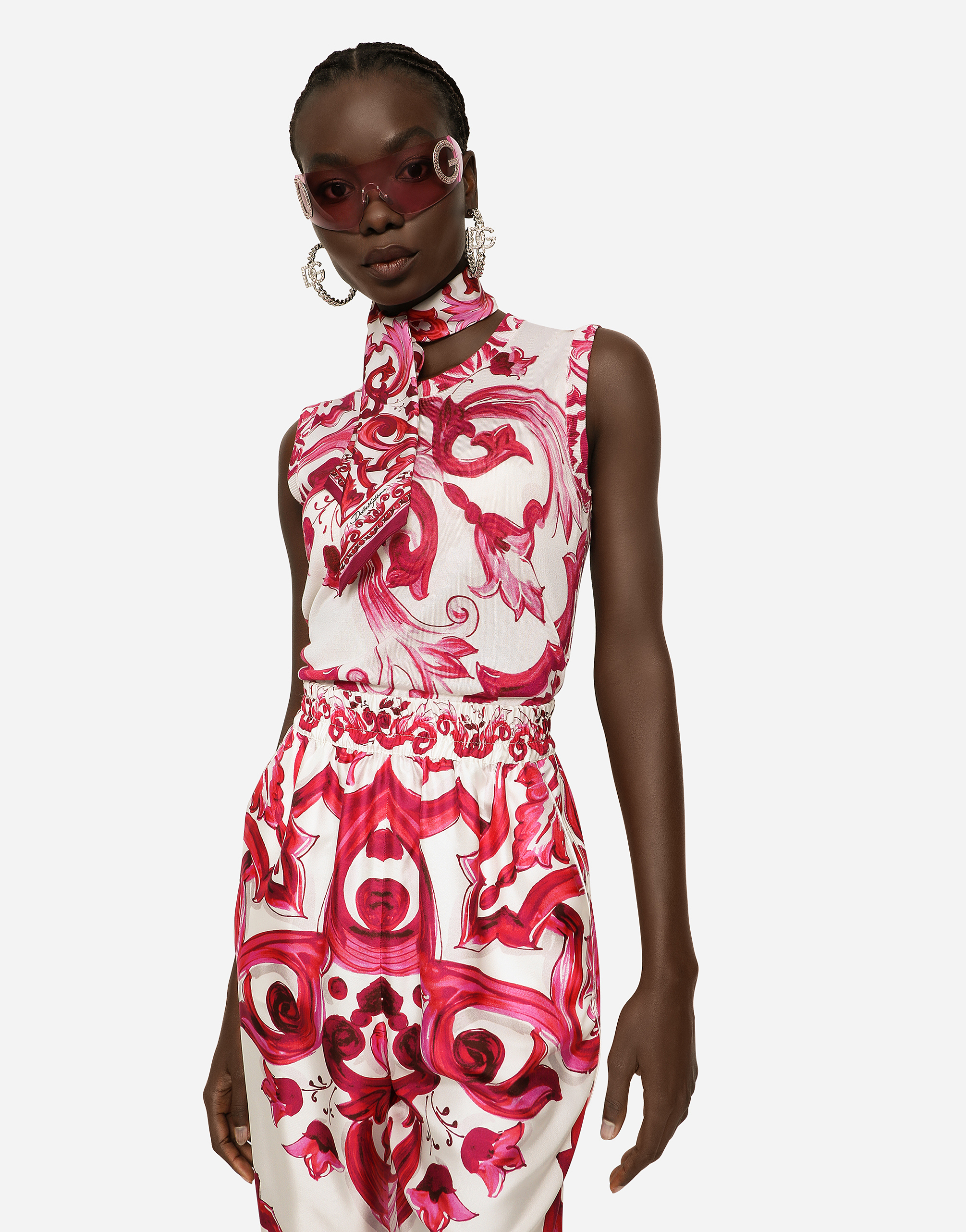 DOLCE & GABBANA SLEEVELESS SILK TOP WITH MAJOLICA PRINT