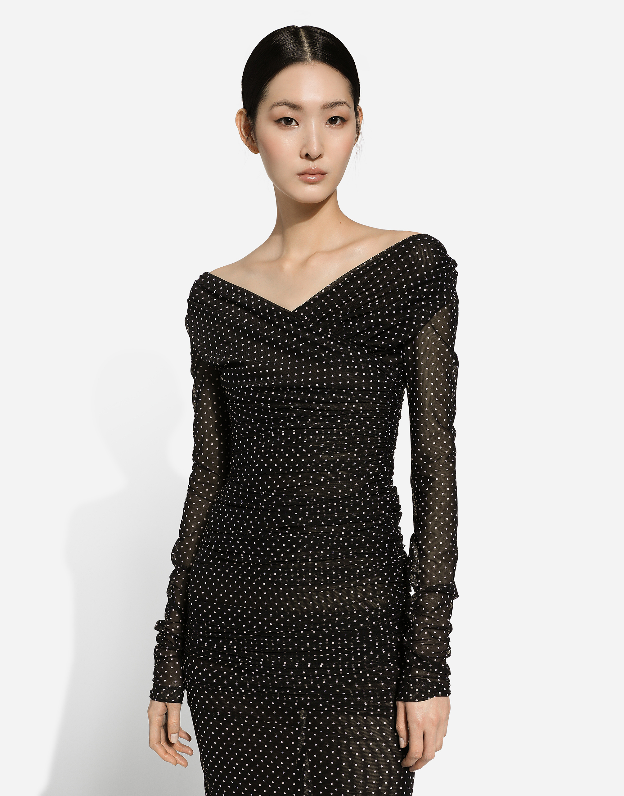Dolce & Gabbana Tulle Calf-length Dress With Draping And Polka-dot Print In プリ