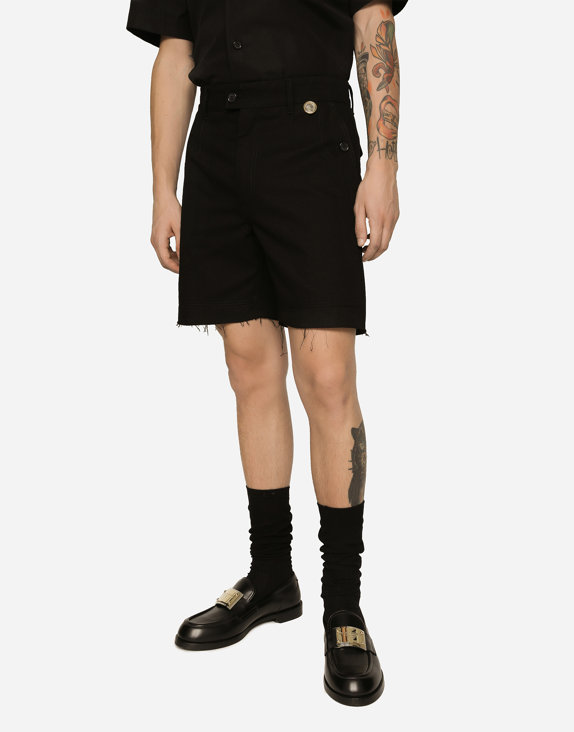 DOLCE & GABBANA COIN DETAIL STRETCH COTTON TWILL BERMUDA SHORTS