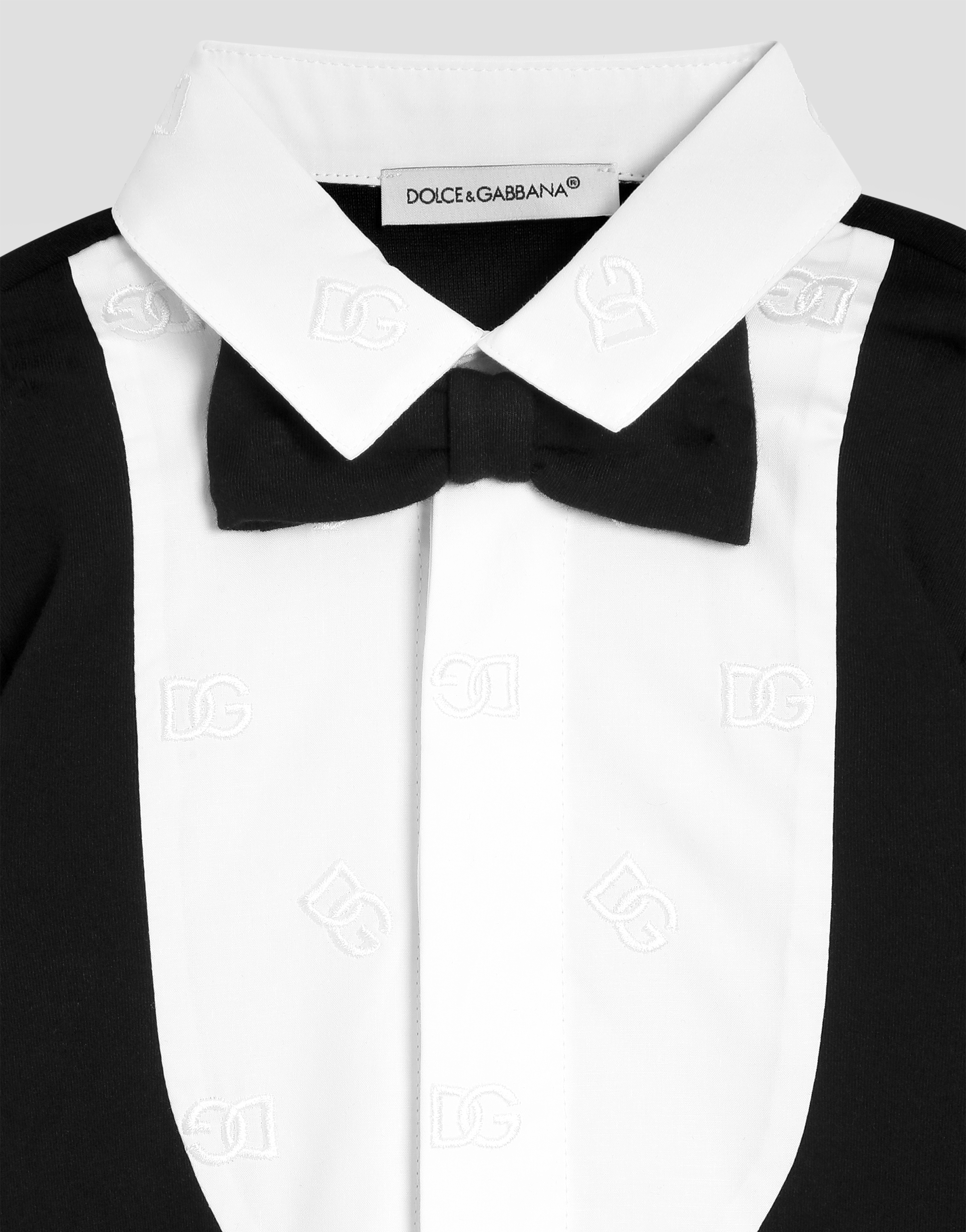 Interlock romper with embroidered bow tie