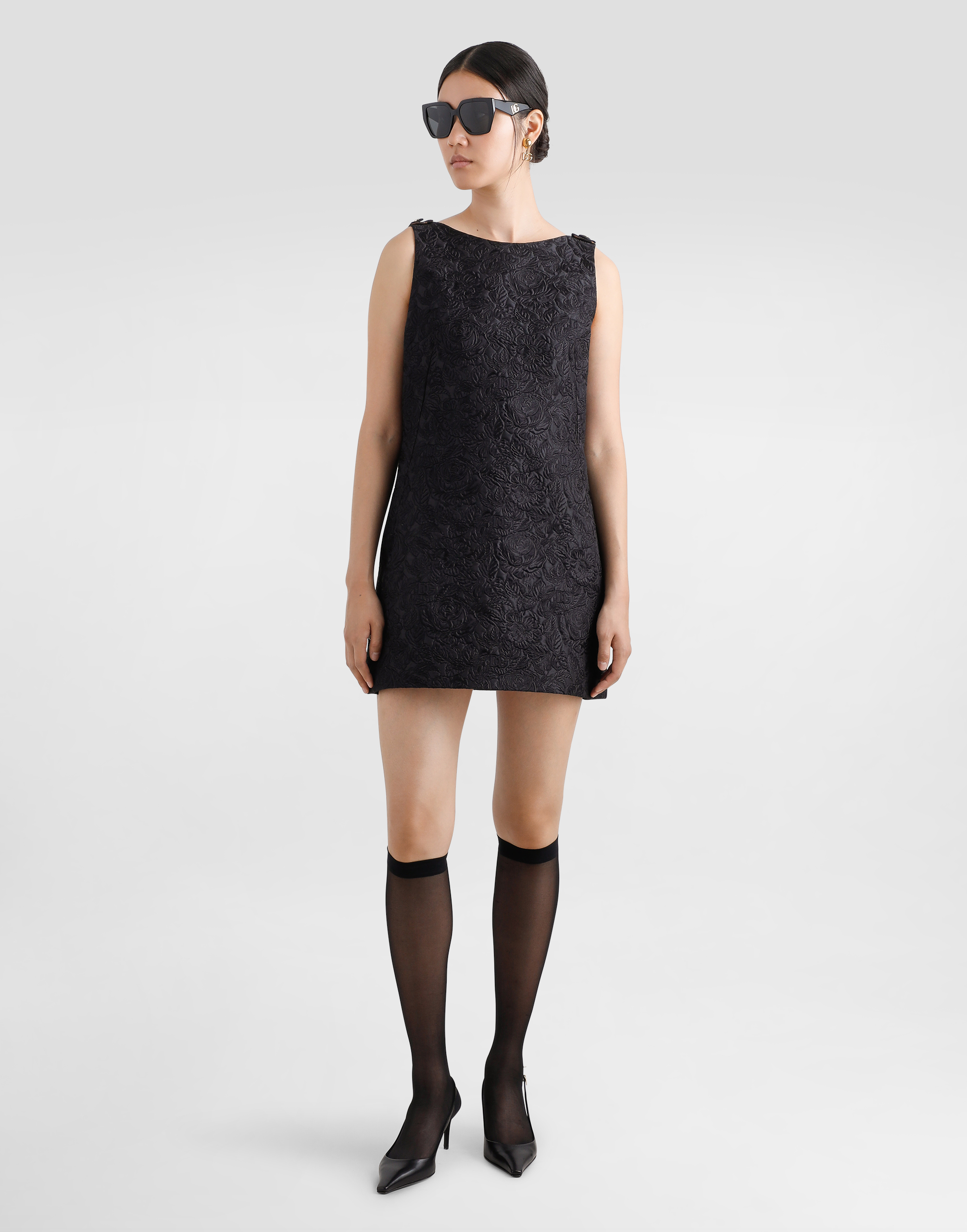 Dolce & Gabbana Short Floral Quilted Jacquard Sack Dress In Black