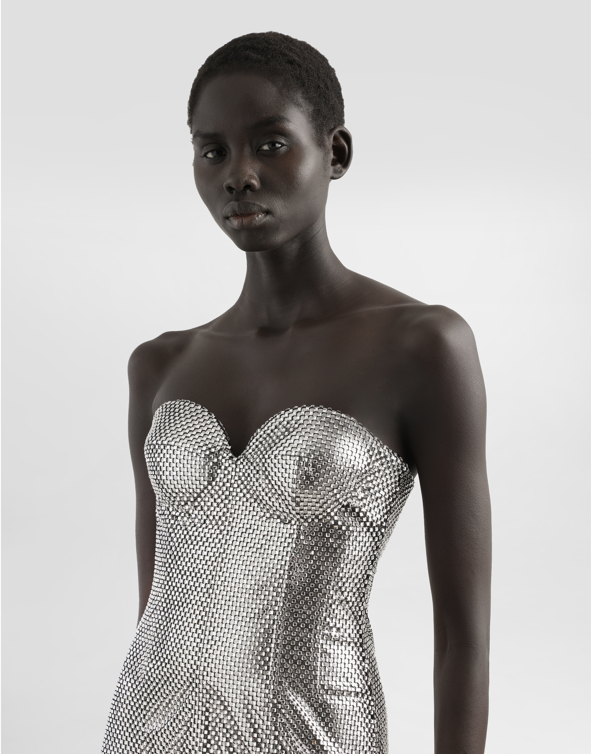Dolce & Gabbana Mesh Strapless Mini Dress In Silver