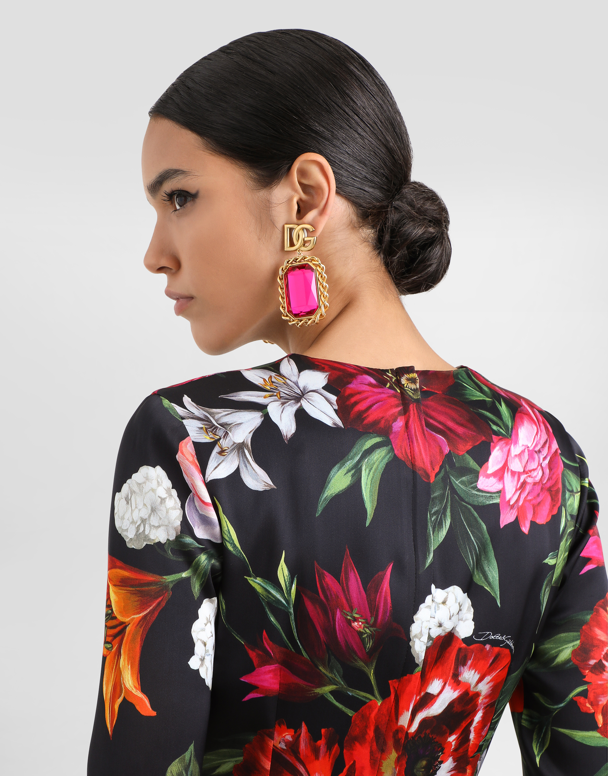 Dolce & Gabbana Flower Print Satin Midi Dress In Multi
