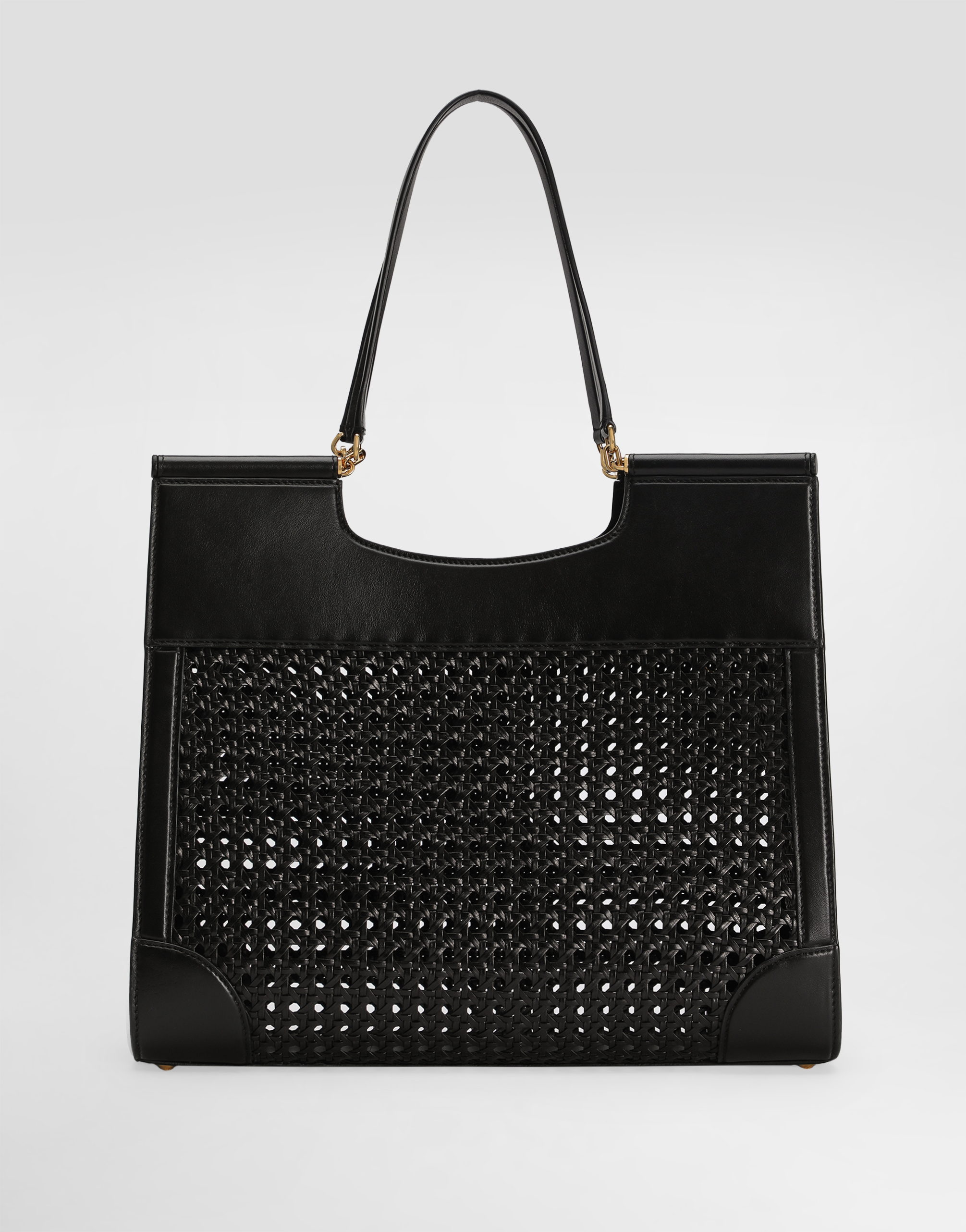 Dolce & Gabbana Shopping Sicily In Straw And Calfskin Weave In Black