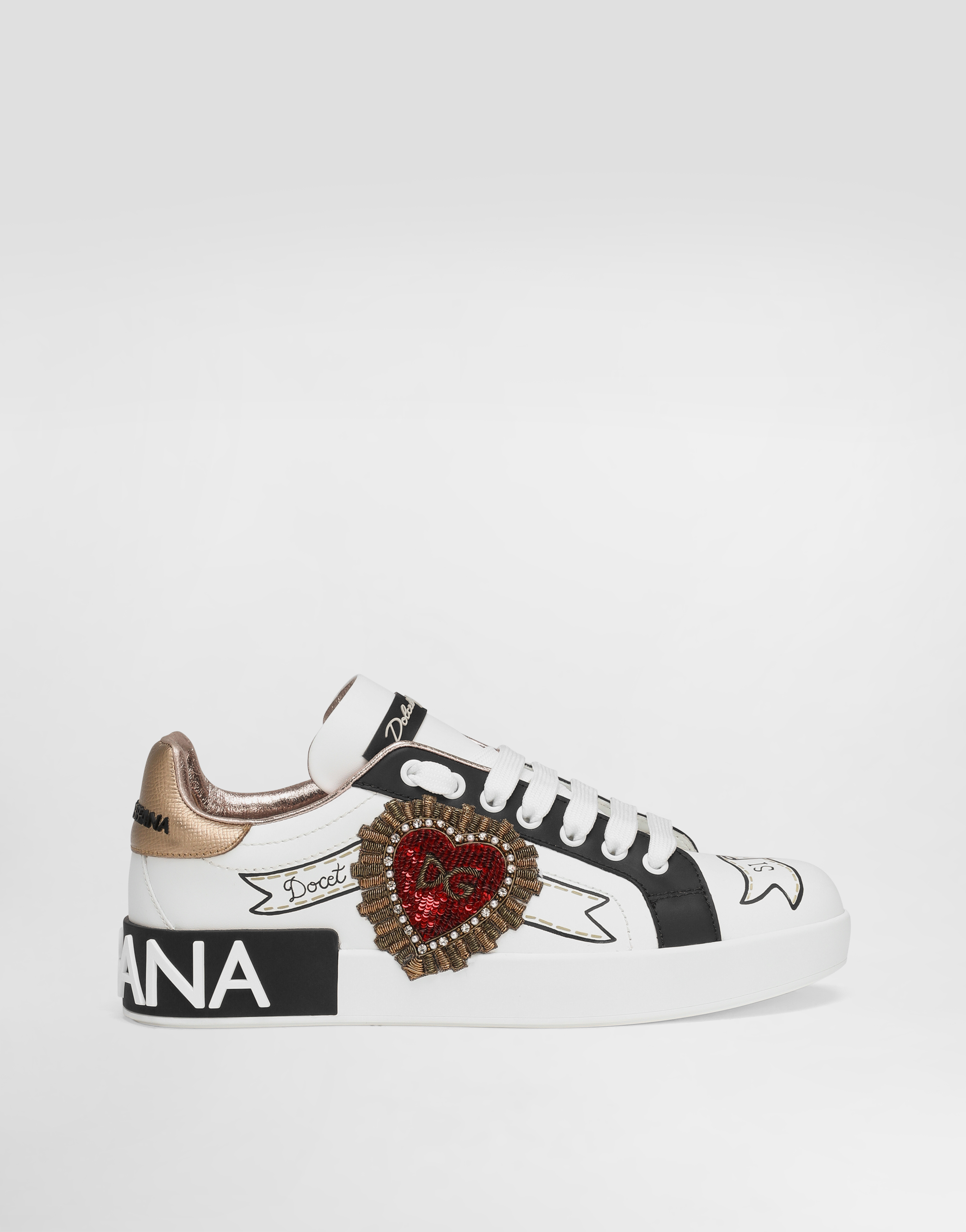 Dolce & Gabbana Female Printed Calfskin Nappa Portofino Sneakers With Embroidery - Woman Sneakers Leather White Size 35