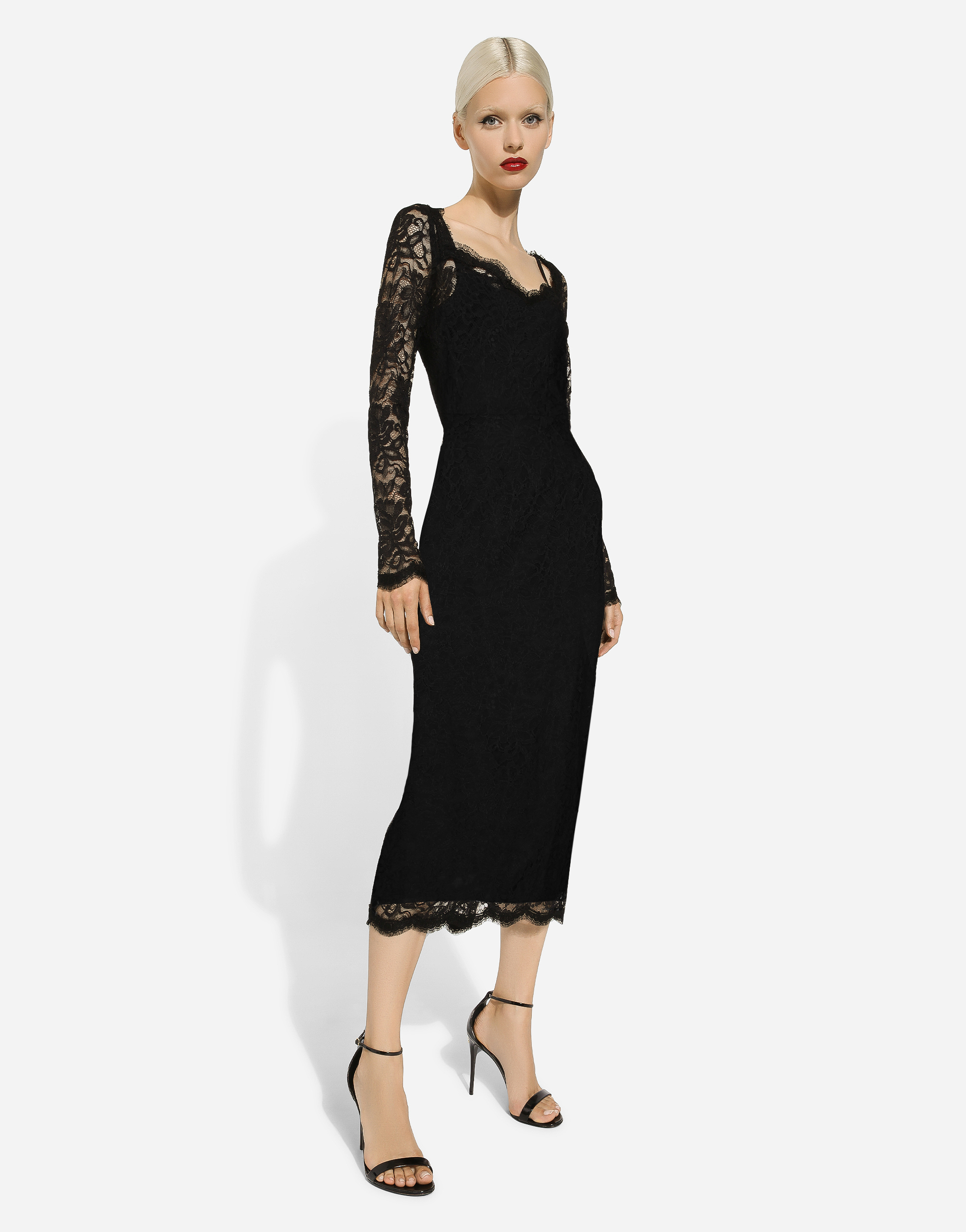 Shop Dolce & Gabbana Floral Lace Midi Dress In Black