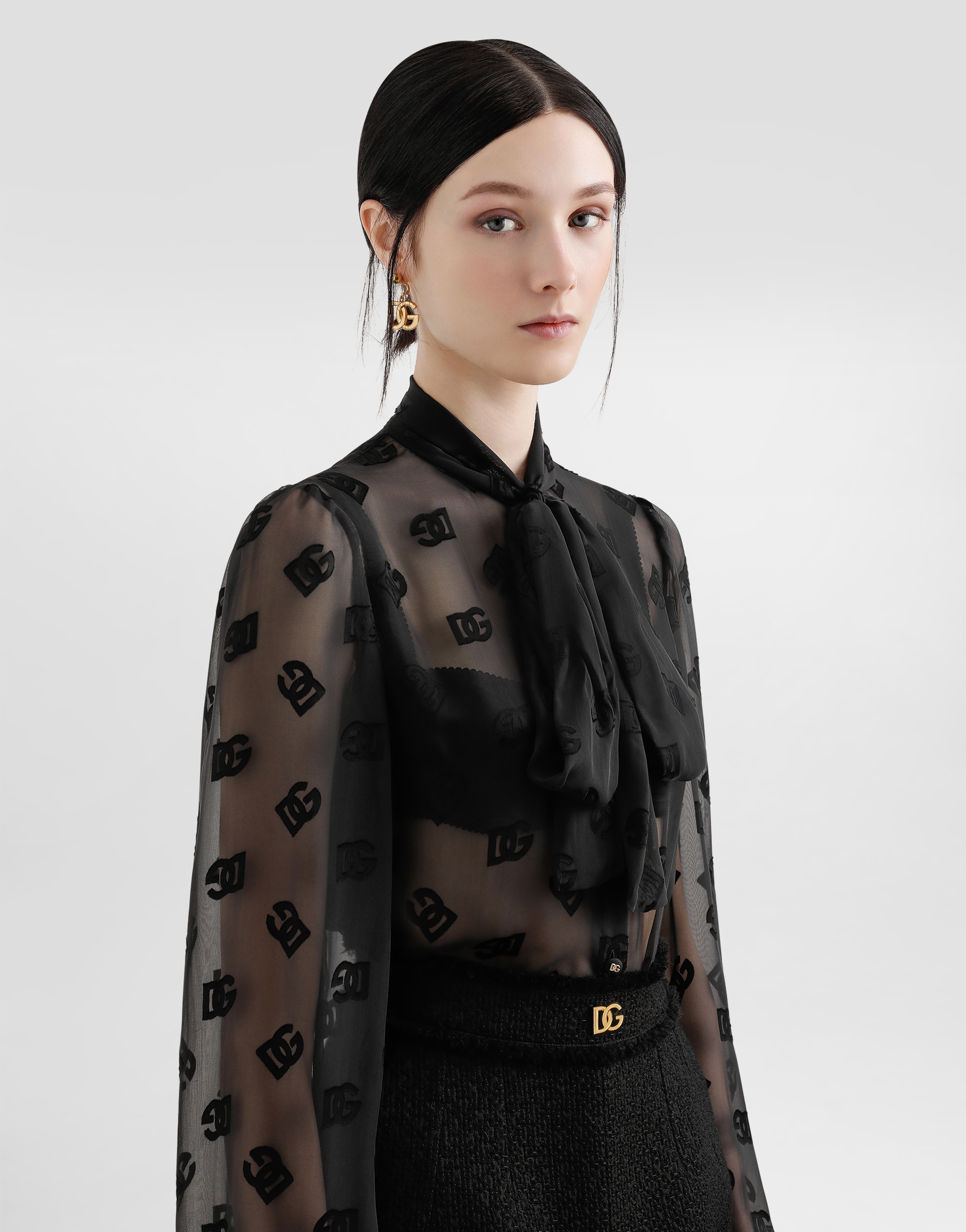 Dolce & Gabbana Silk Shirt With Dévoré Dg Logo In Black