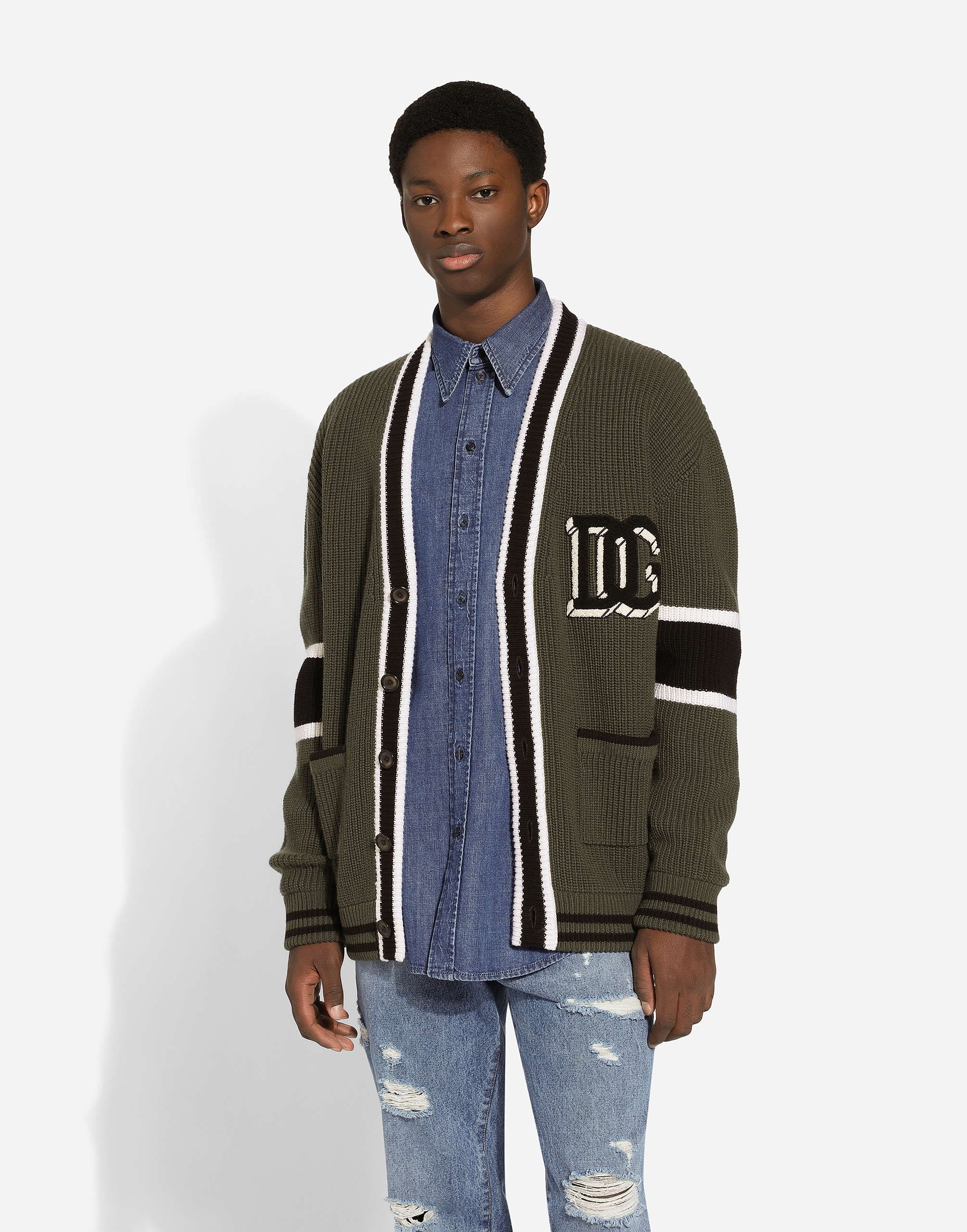 Dolce & Gabbana Striped Virgin Wool V-neck Cardigan In グリーン