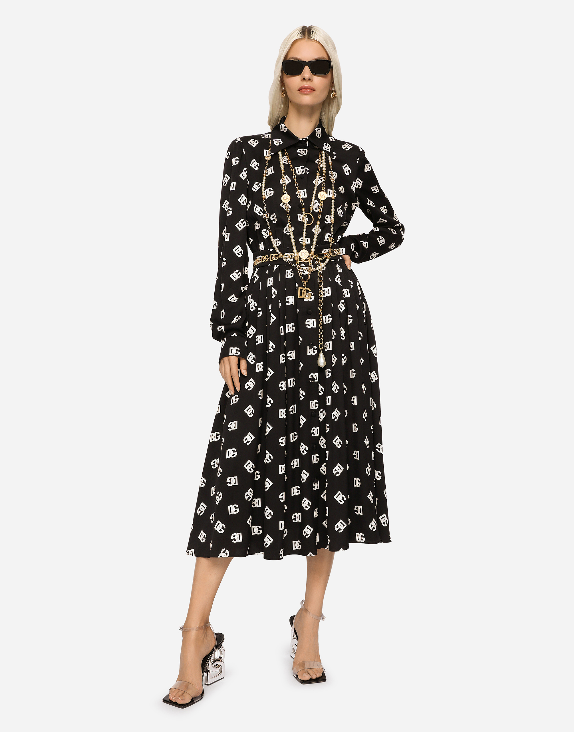 Shop Dolce & Gabbana Charmeuse Calf-length Dress With All-over Dg Print In Multicolor