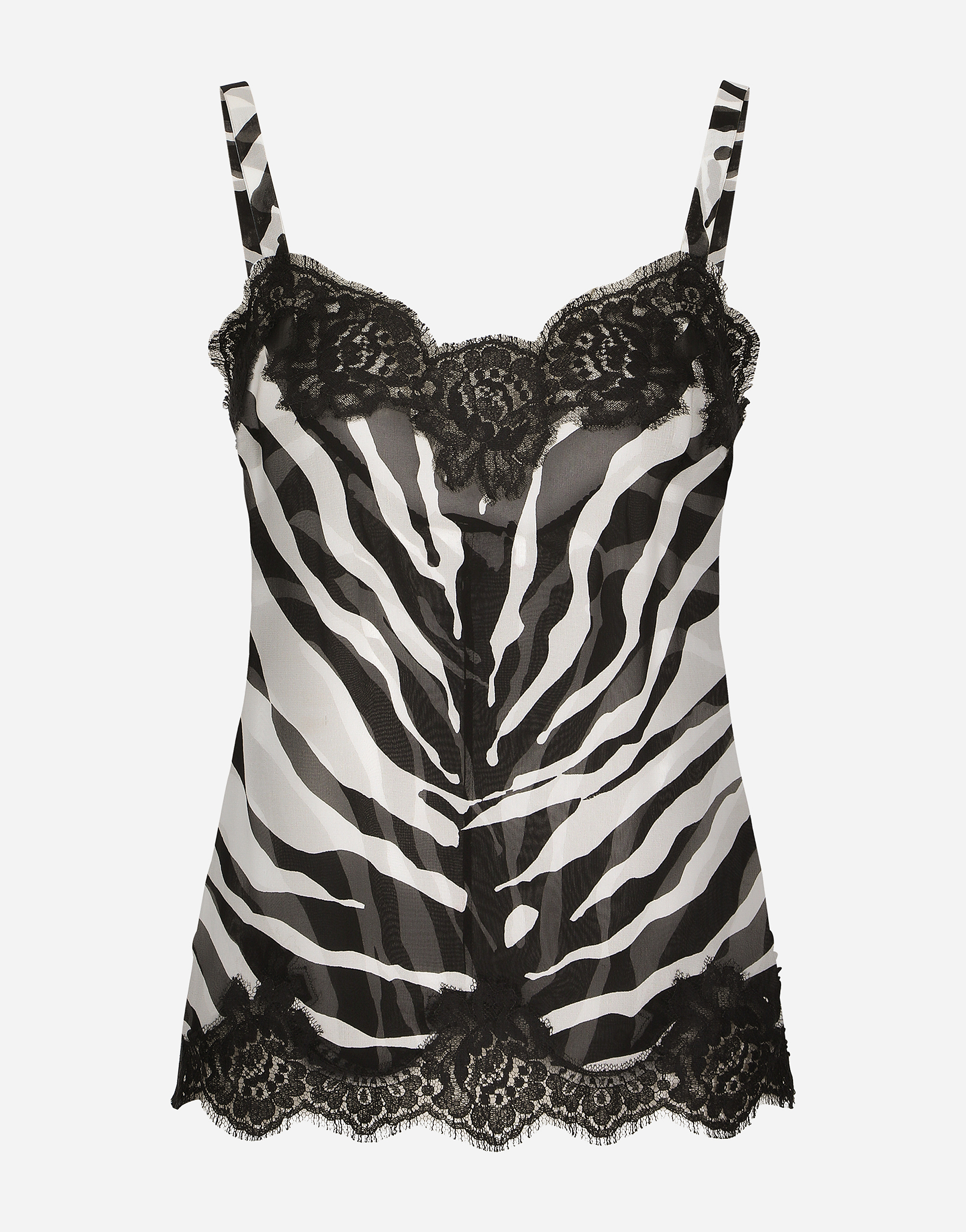 Dolce & Gabbana Zebra-print Chiffon Lingerie-style Top With Lace Detailing In Animal Print