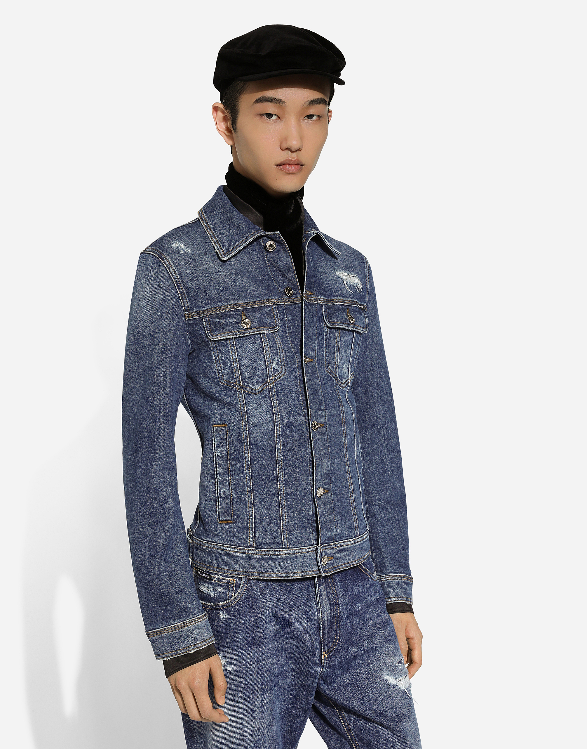 Dolce & Gabbana Destroyed Denim Jacket With Dual Buttoned Flap Pockets In Multicolor