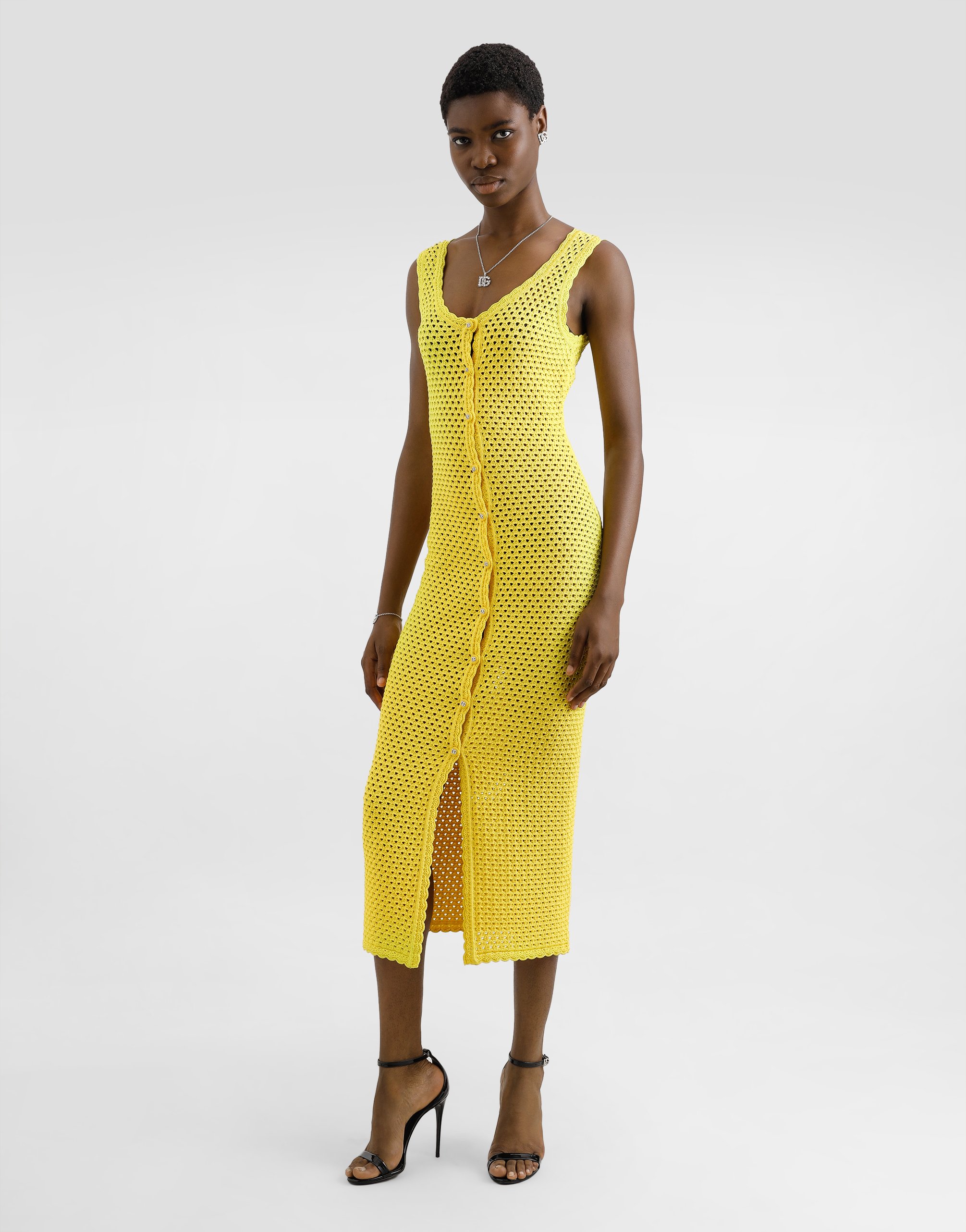 Dolce & Gabbana Sleeveless Crochet Knit Button-front Midi Dress In Yellow
