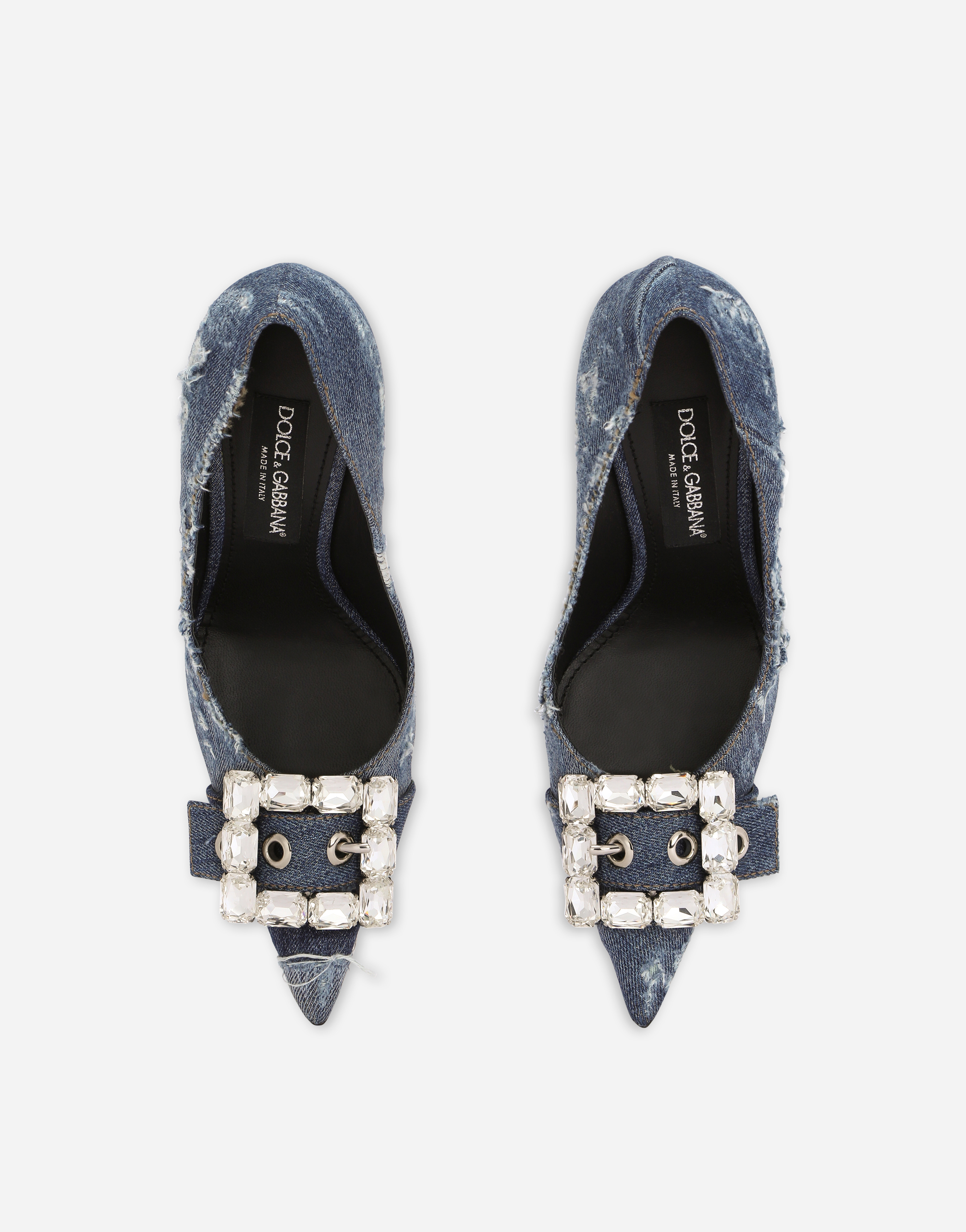 Shop Dolce & Gabbana Patchwork Denim Pumps With Rhinestone Buckle In Blue