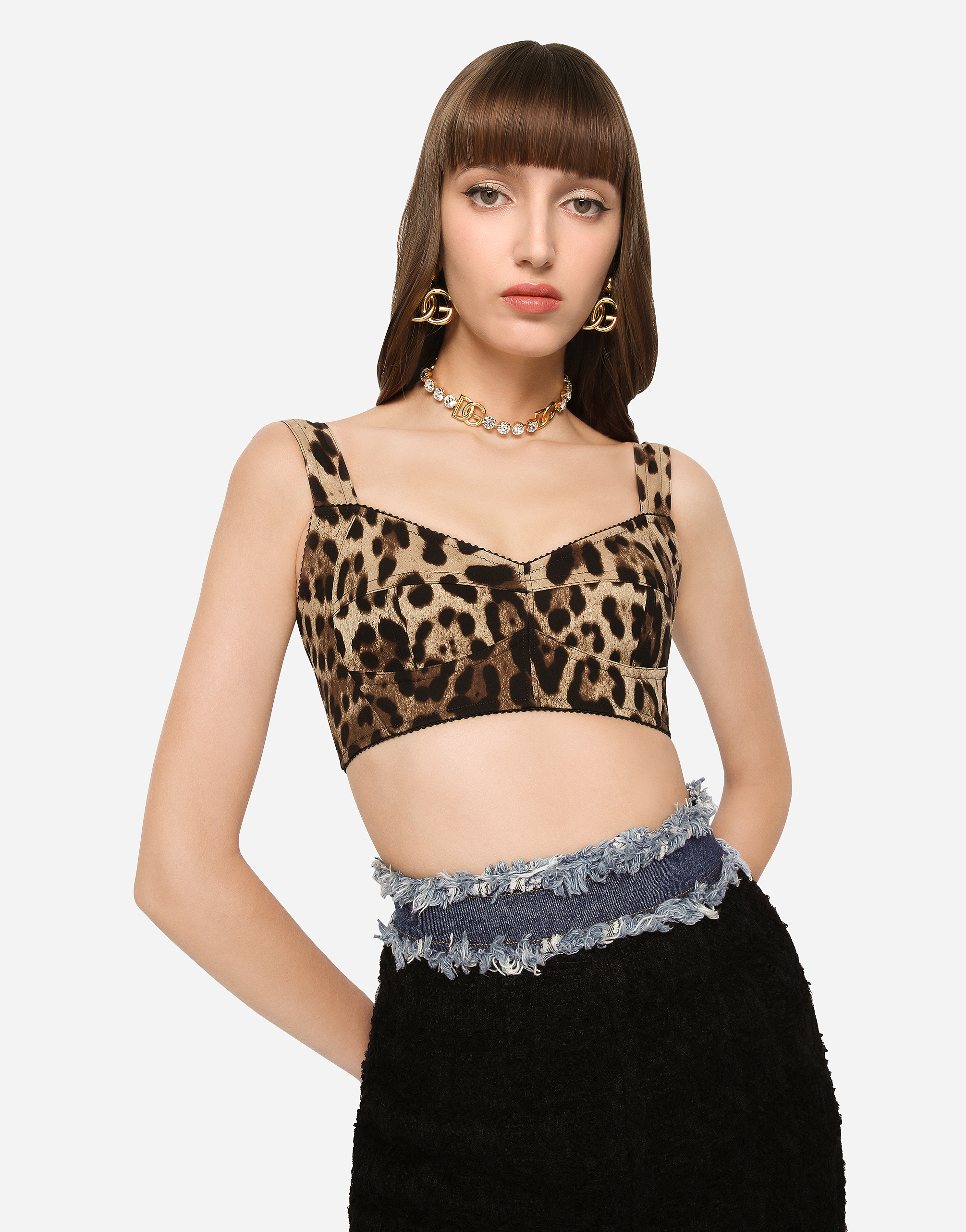 Dolce & Gabbana Short Bustier Top In Charmeuse With Leopard Print In Multicolor