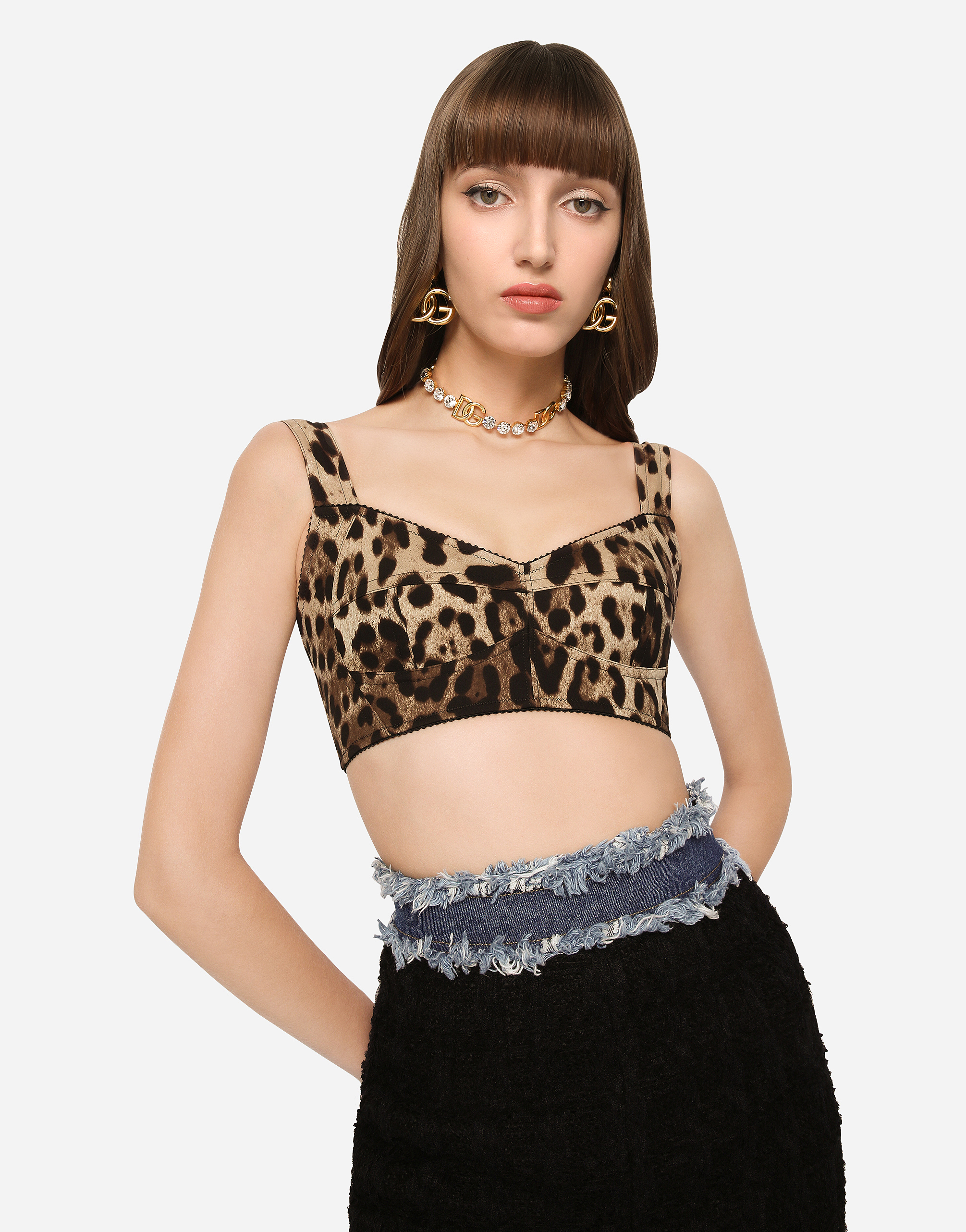 Shop Dolce & Gabbana Short Bustier Top In Charmeuse With Leopard Print In Multicolor