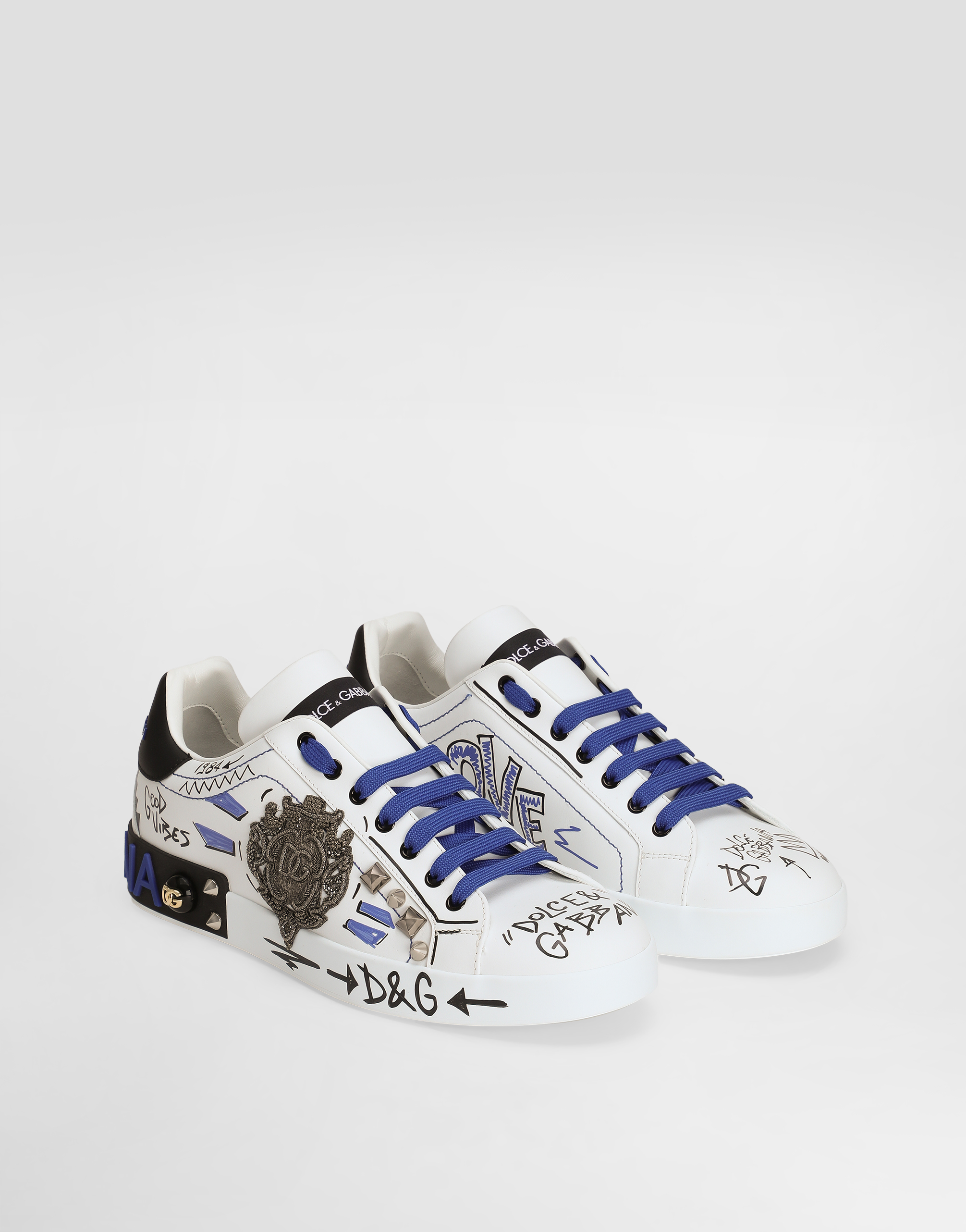 Dolce & Gabbana Calfskin Portofino Sneakers With Embroidery And Studs In Multicolor