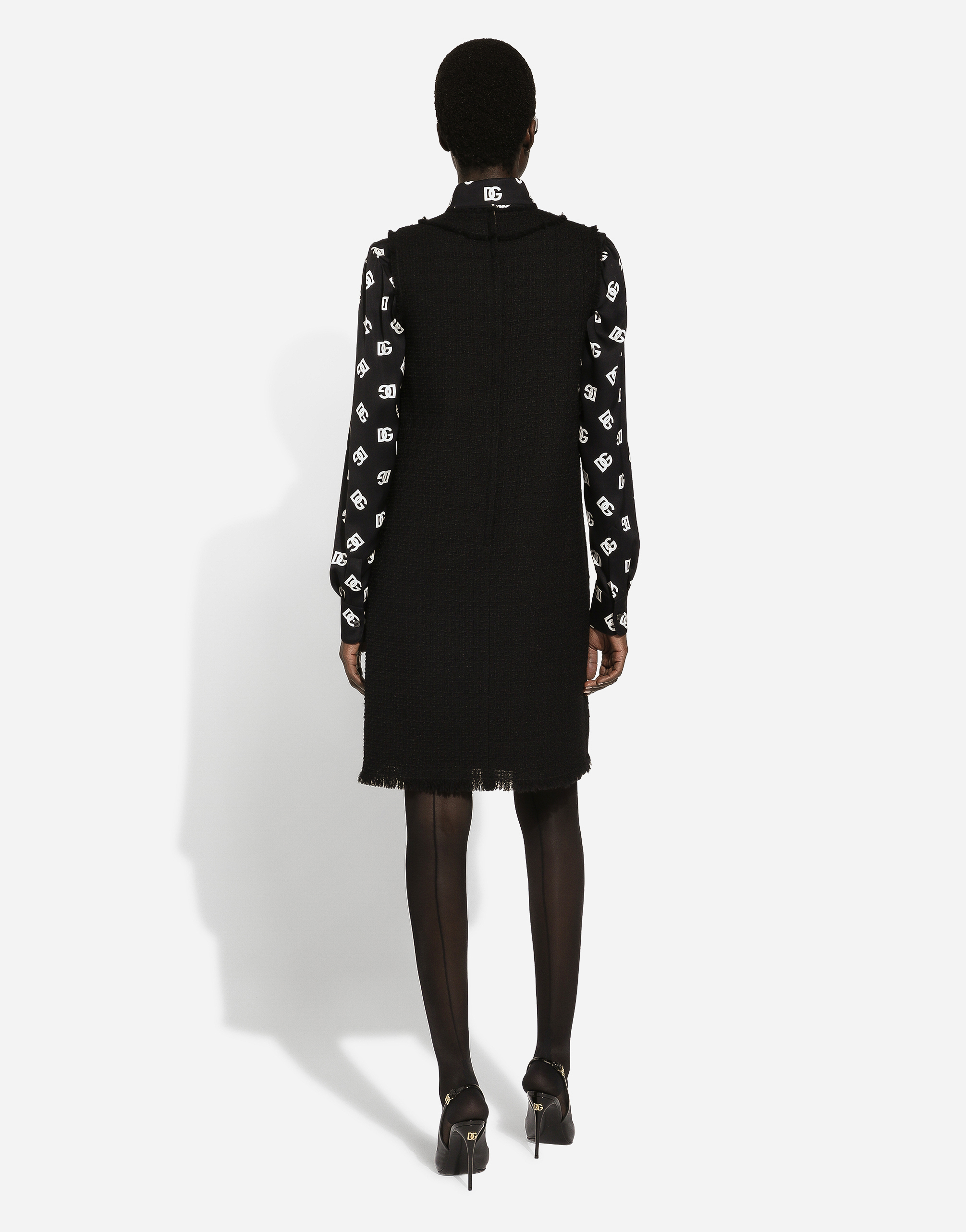 DOLCE & GABBANA RASCHEL TWEED CALF-LENGTH DRESS WITH DG LOGO