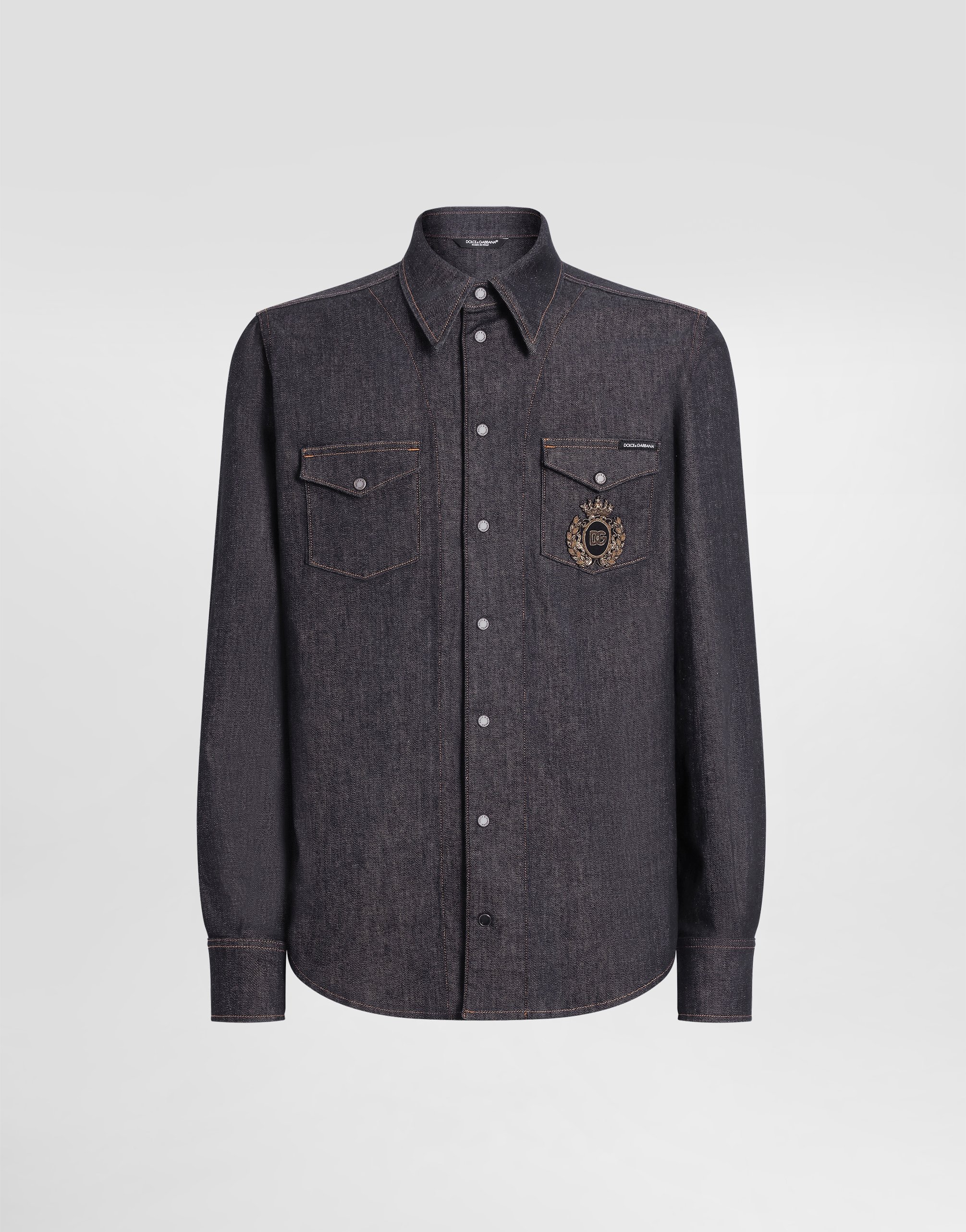 Dolce & Gabbana Denim Shirt With Heraldic Emblem In Multicolor