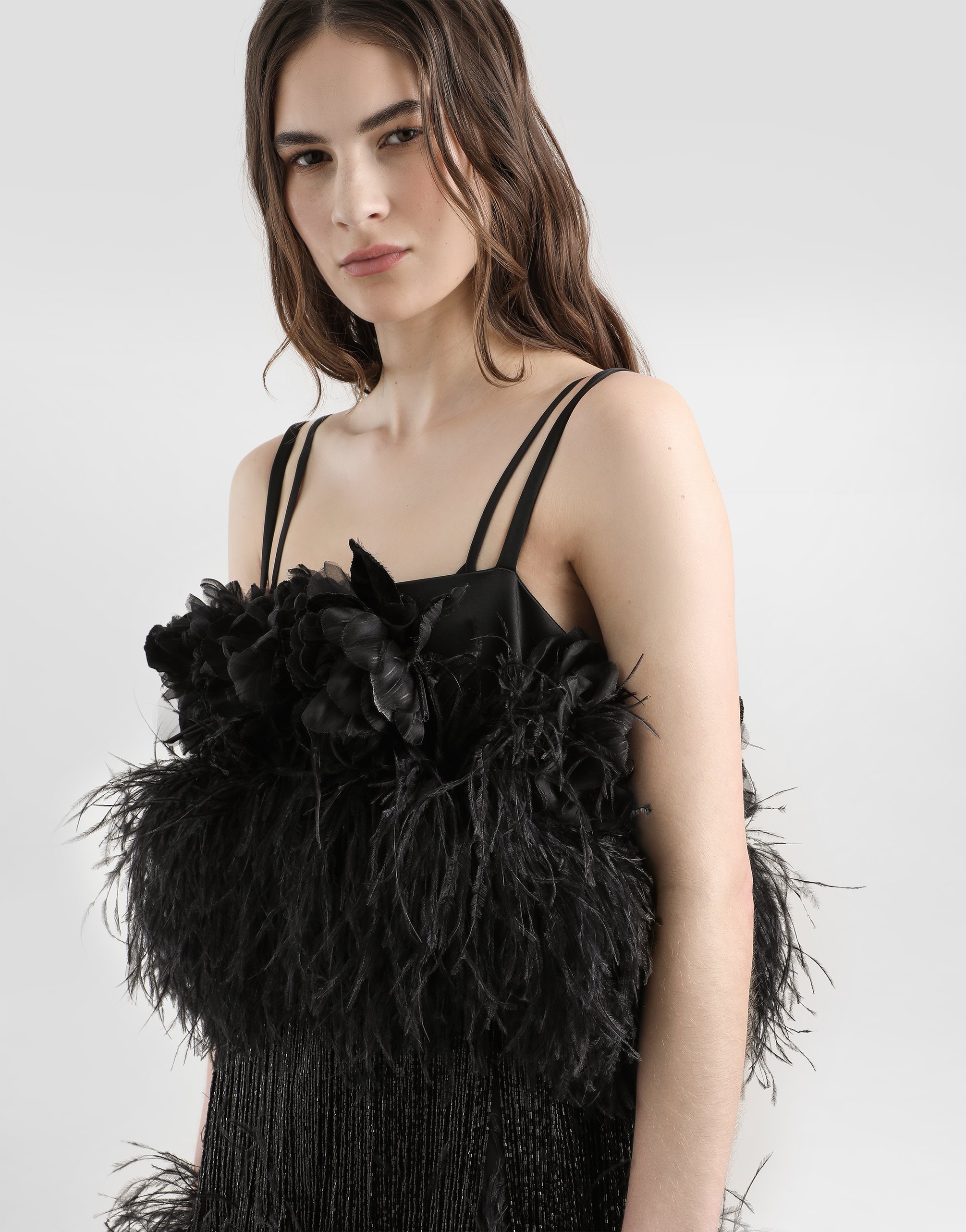 Dolce & Gabbana Satin Dress With Feathers In Black
