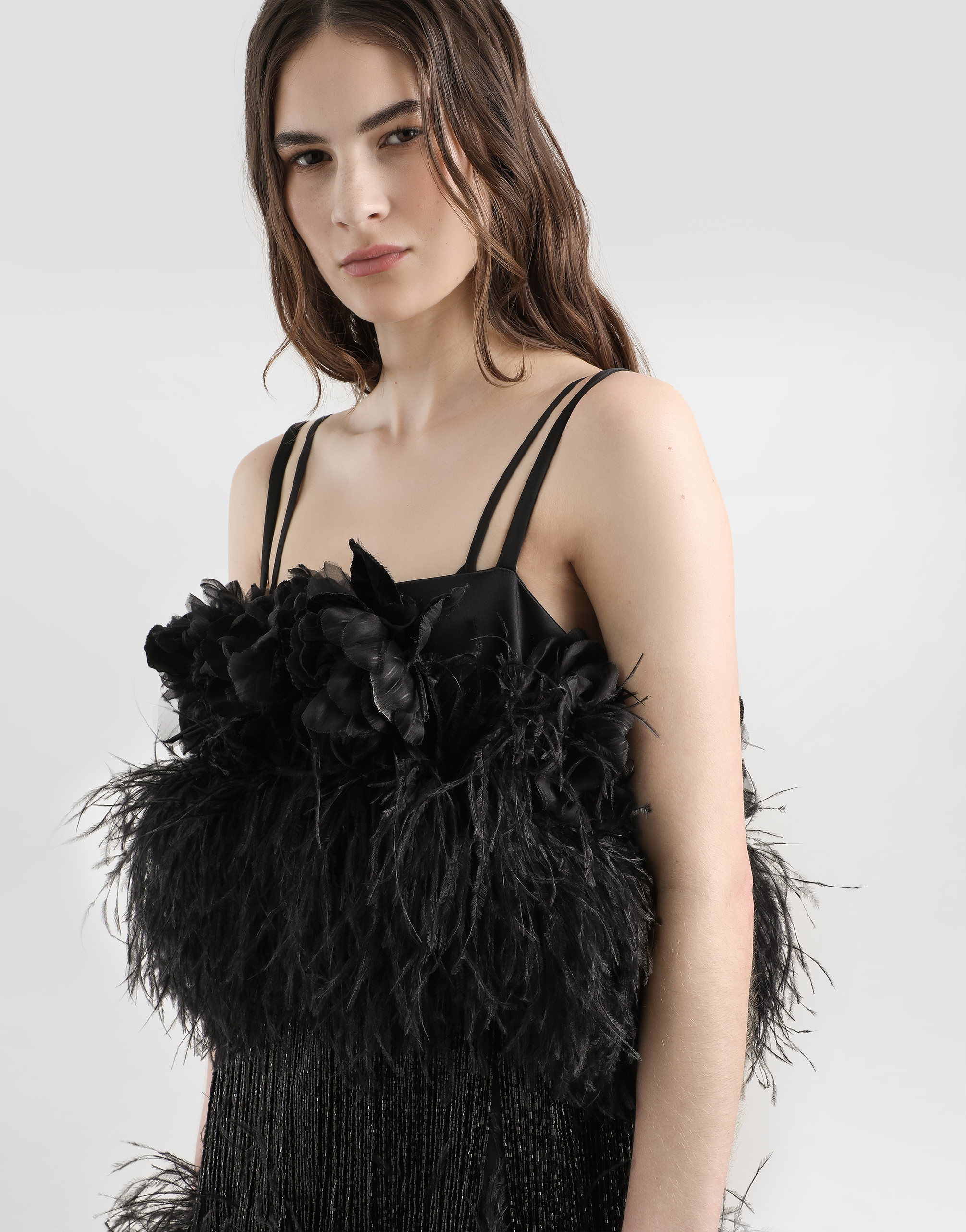 Dolce & Gabbana Satin Dress With Feathers In Black