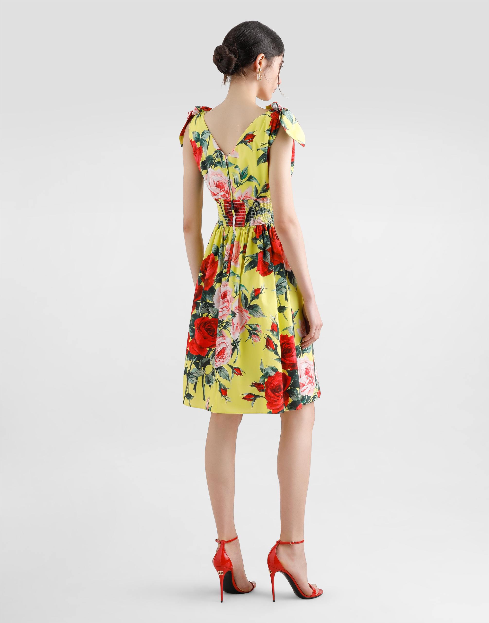 Dolce & Gabbana Cotton Midi Dress With Bouquet Print And Tie Details In Print