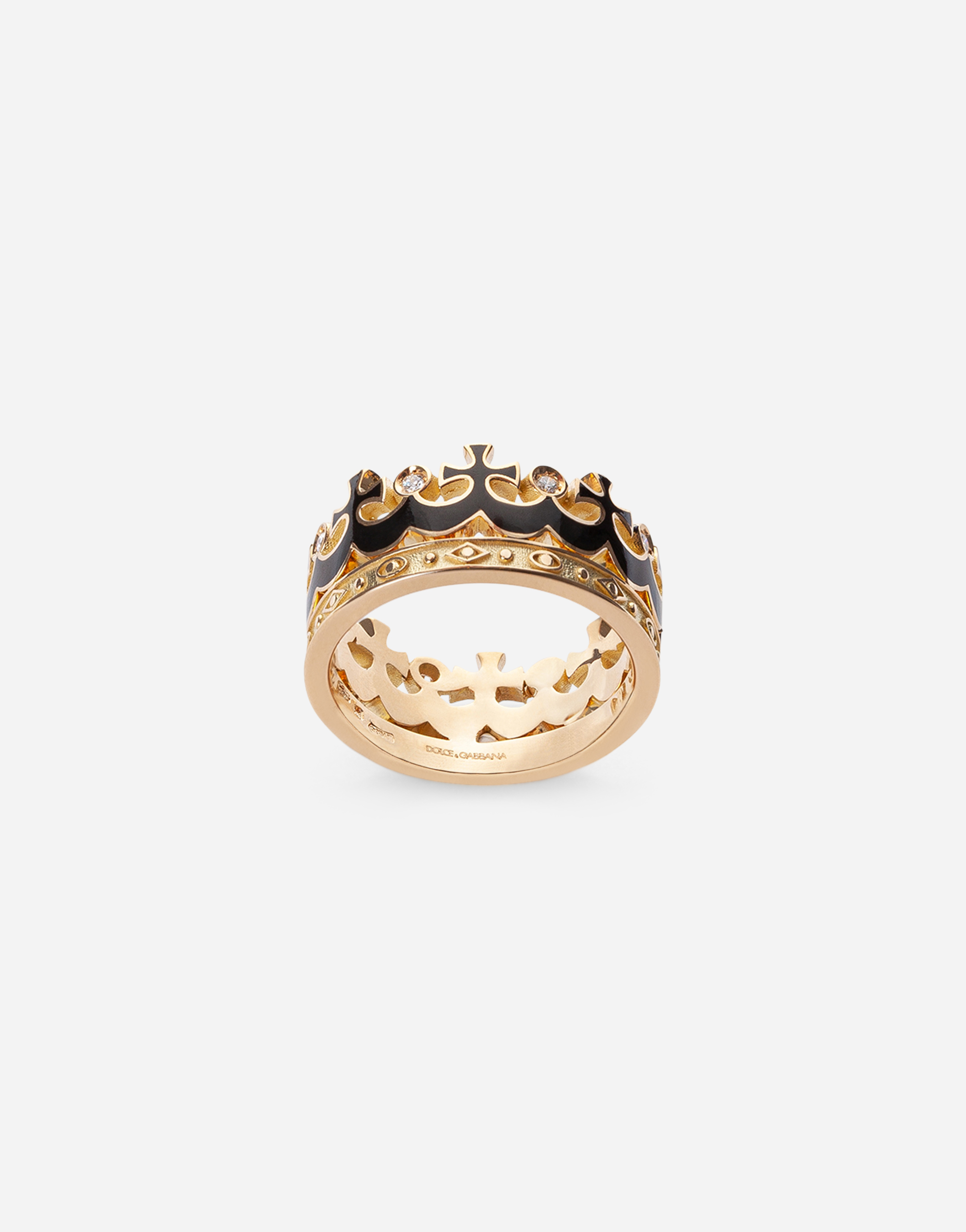 Dolce & Gabbana Crown Yellow Gold Ring With Black Enamel Crown And Diamonds - Man Rings Gold
