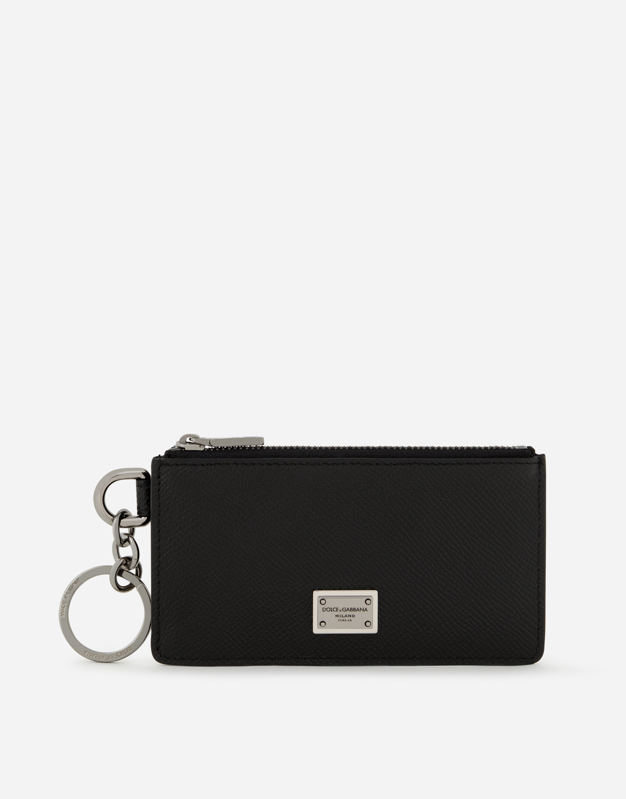 Dolce & Gabbana Calfskin Card Holder With Ring And Logo Tag In Black