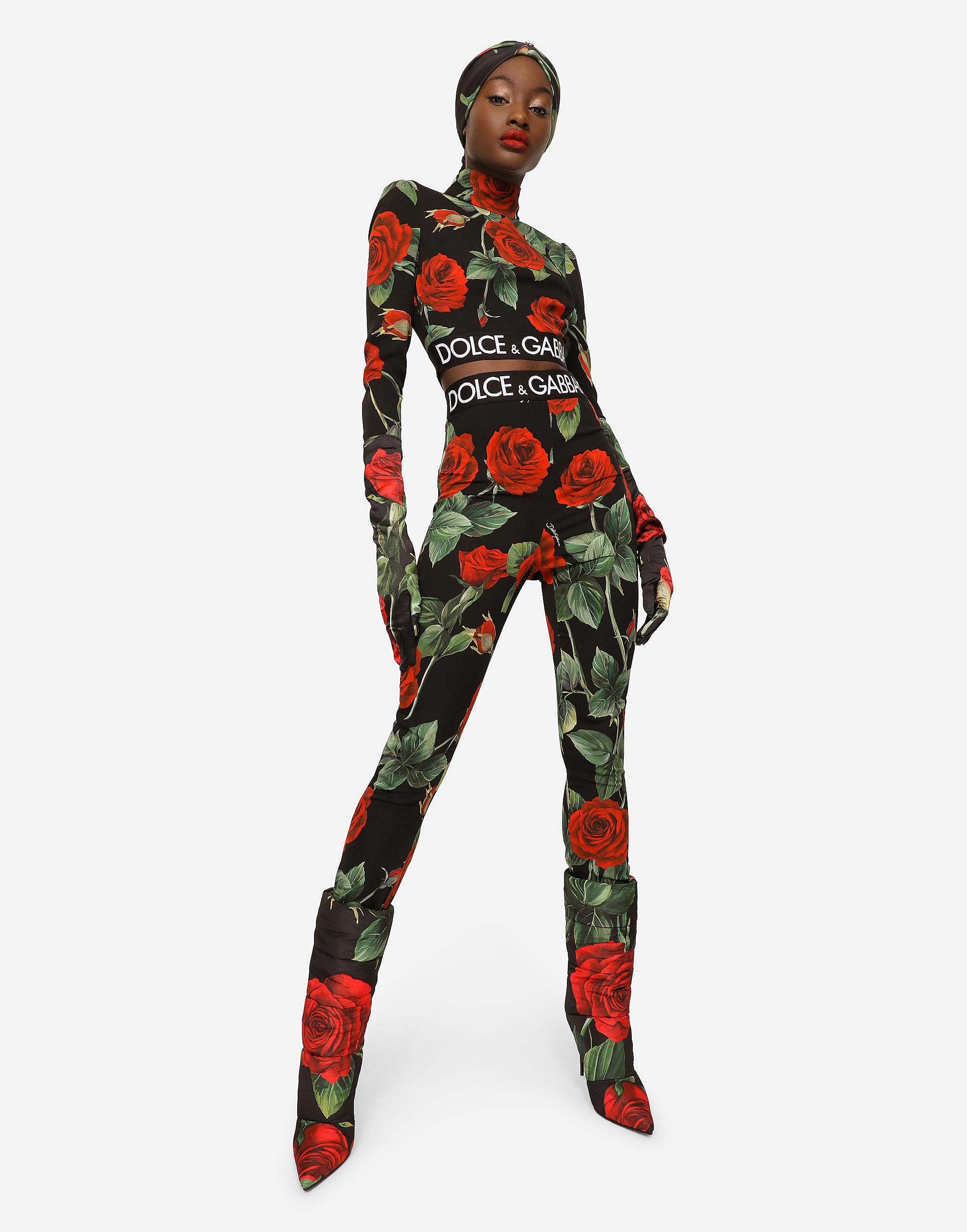 DOLCE & GABBANA ROSE-PRINT CHARMEUSE LEGGINGS