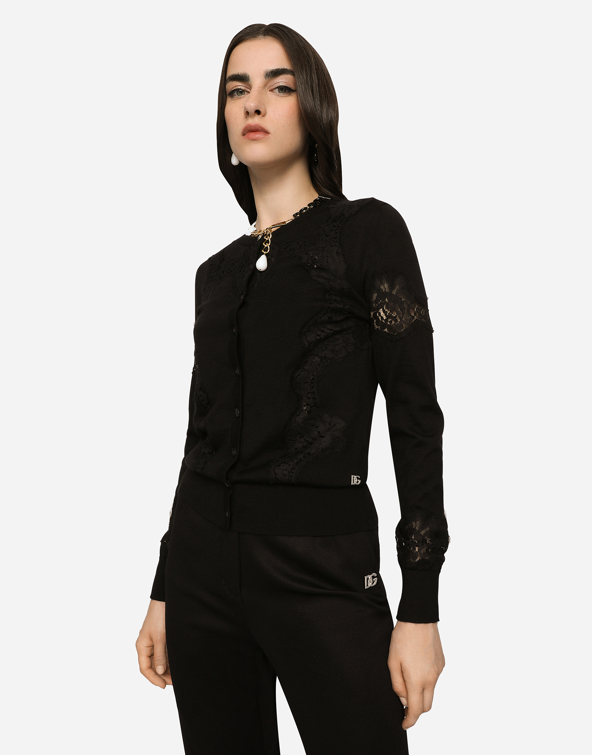 Shop Dolce & Gabbana Cashmere And Silk Cardigan With Lace Inlay In Black