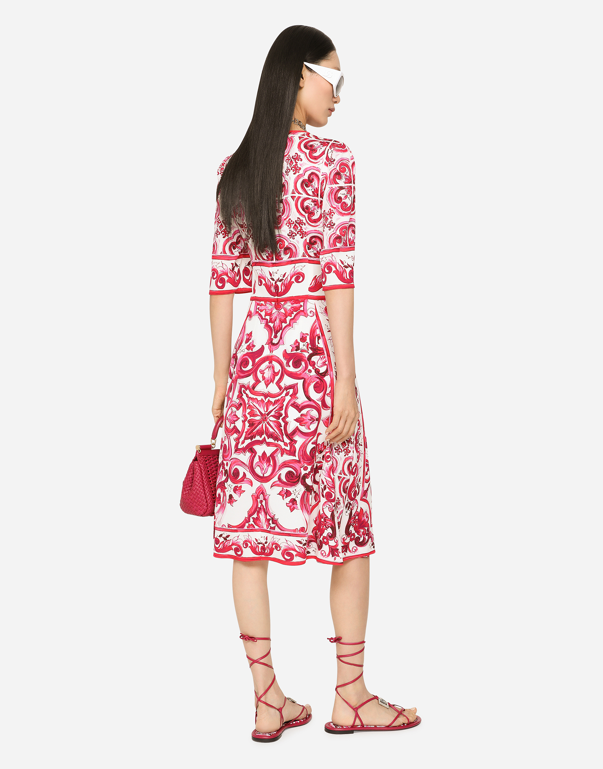 DOLCE & GABBANA MAJOLICA-PRINT CHARMEUSE MIDI DRESS