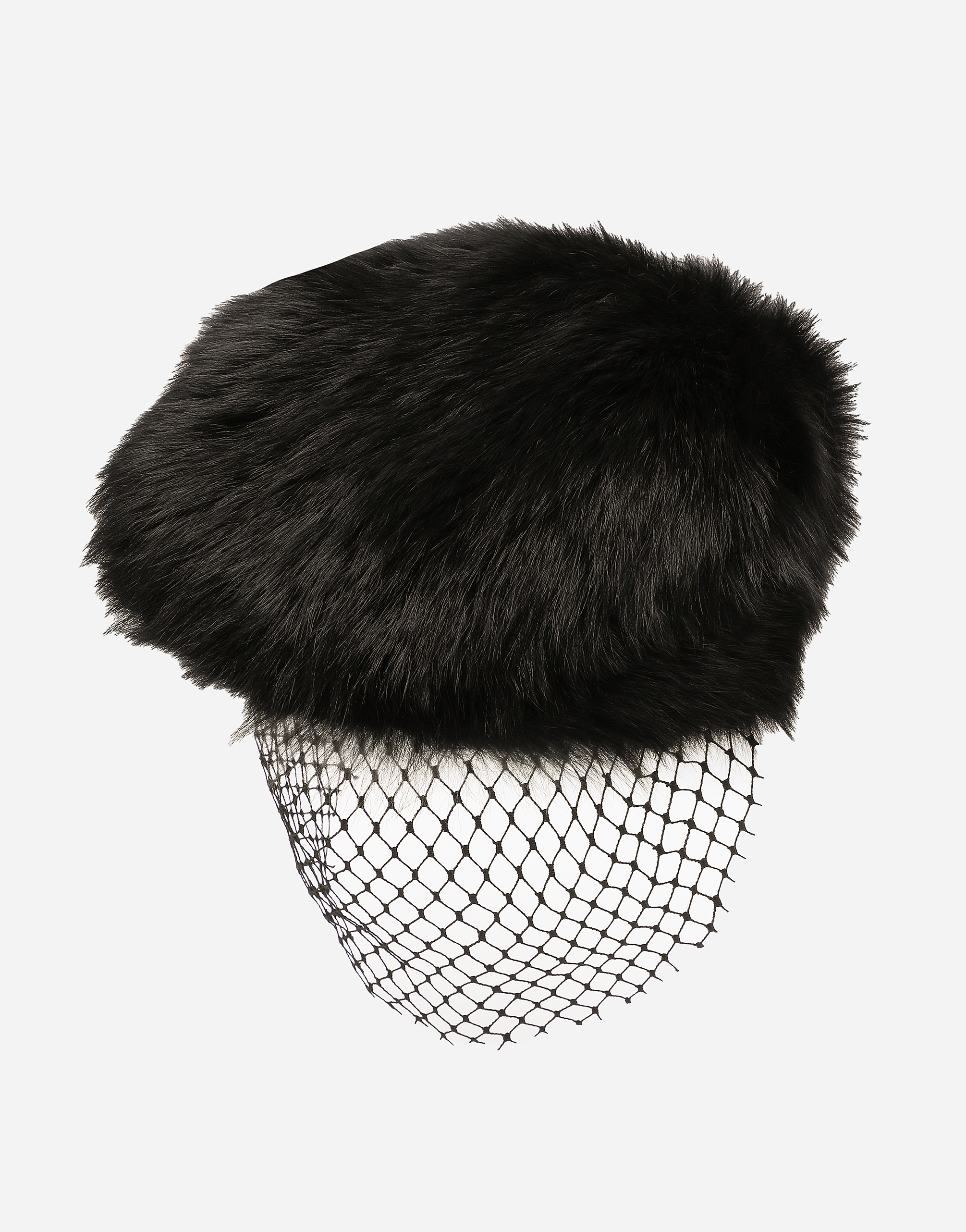 Dolce & Gabbana Shearling Flat Cap With Veil In Black
