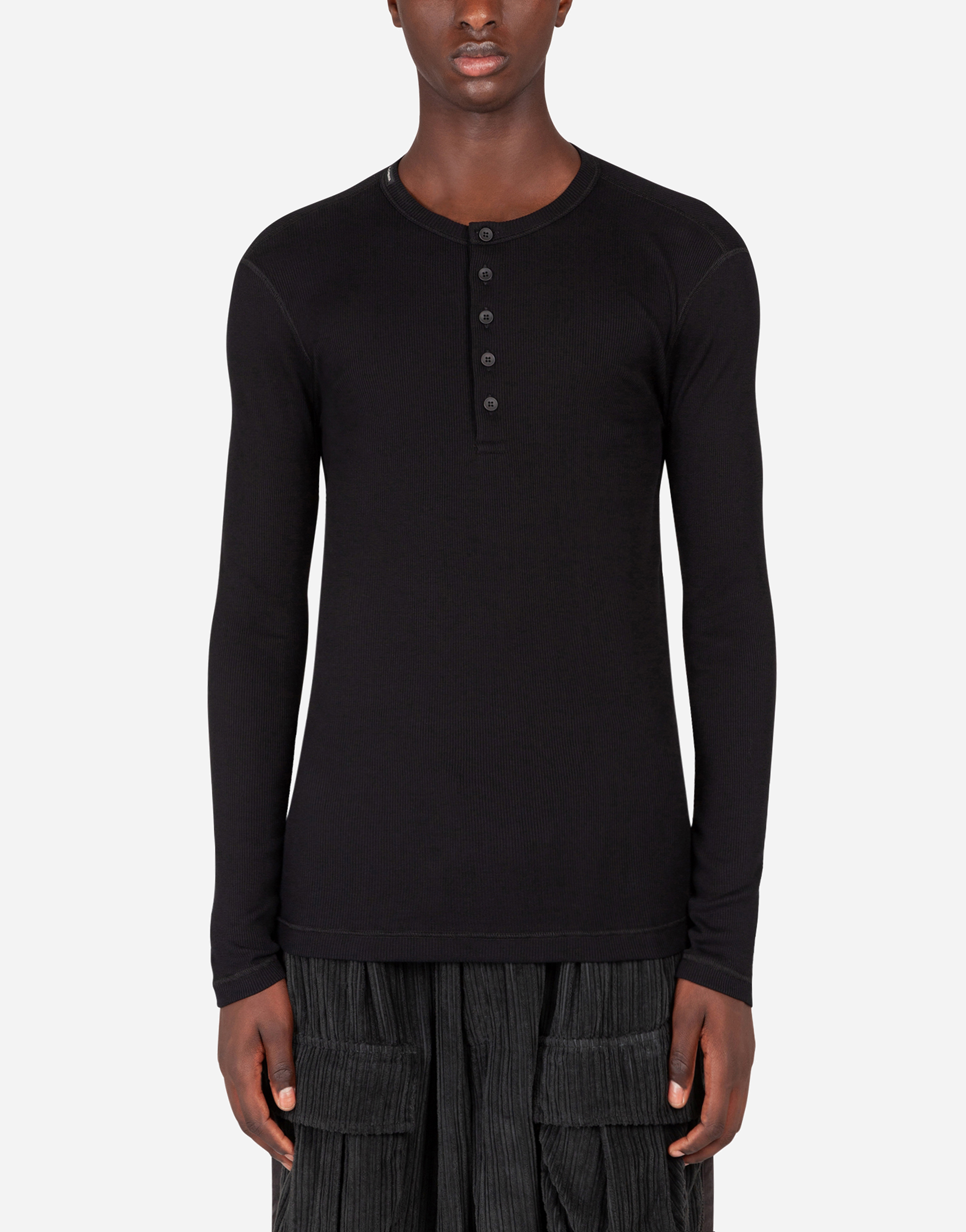  Dolce & Gabbana Dolce & Gabbana Fine-rib Cotton Granddad-neck T-shirt With Long Sleeves - Man T-shirts And Polos Black Cotton 44 