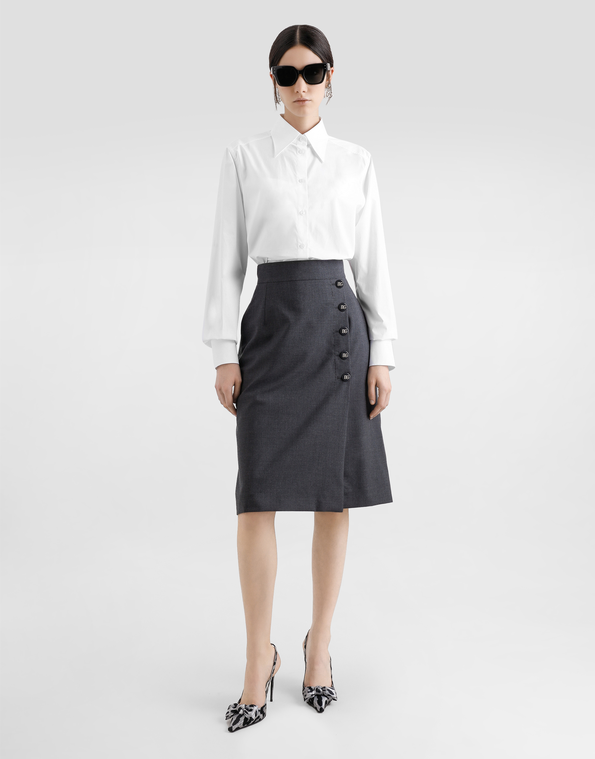 Dolce & Gabbana Woolen A-line Midi Skirt With Dg Buttons In Grey