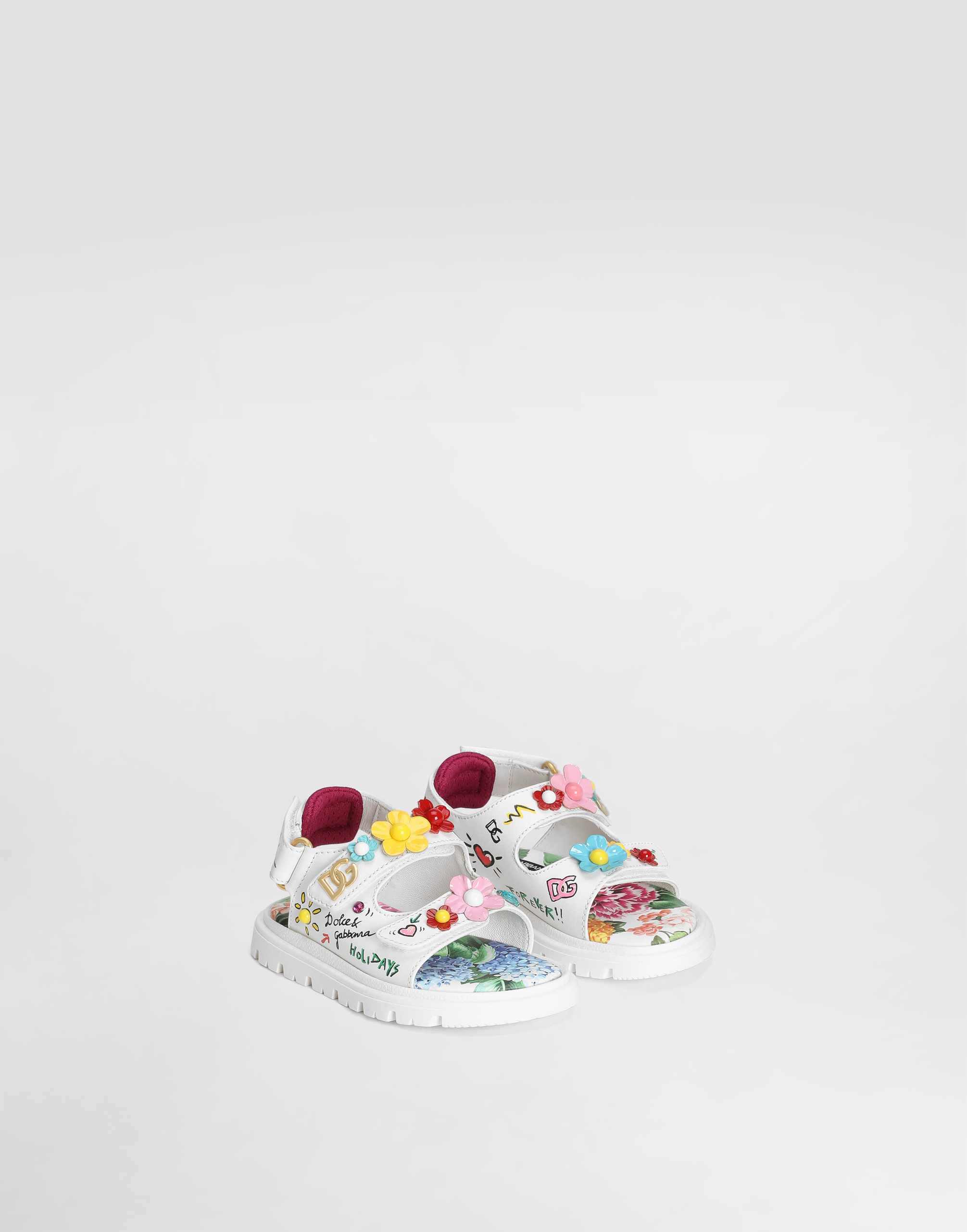 Printed calfskin sandals with flowers and DG logo