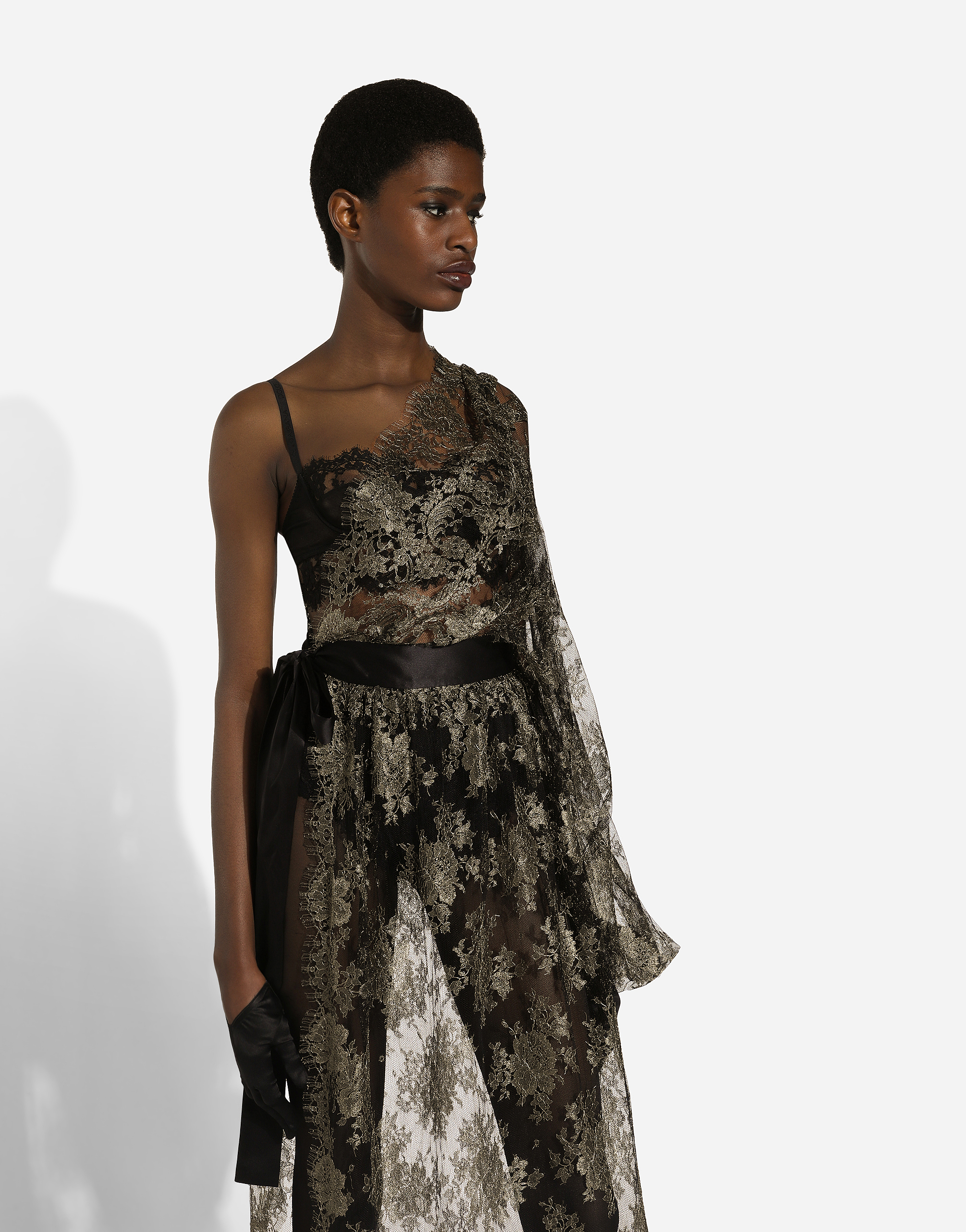 Calf-length one-shoulder lamé Chantilly lace dress