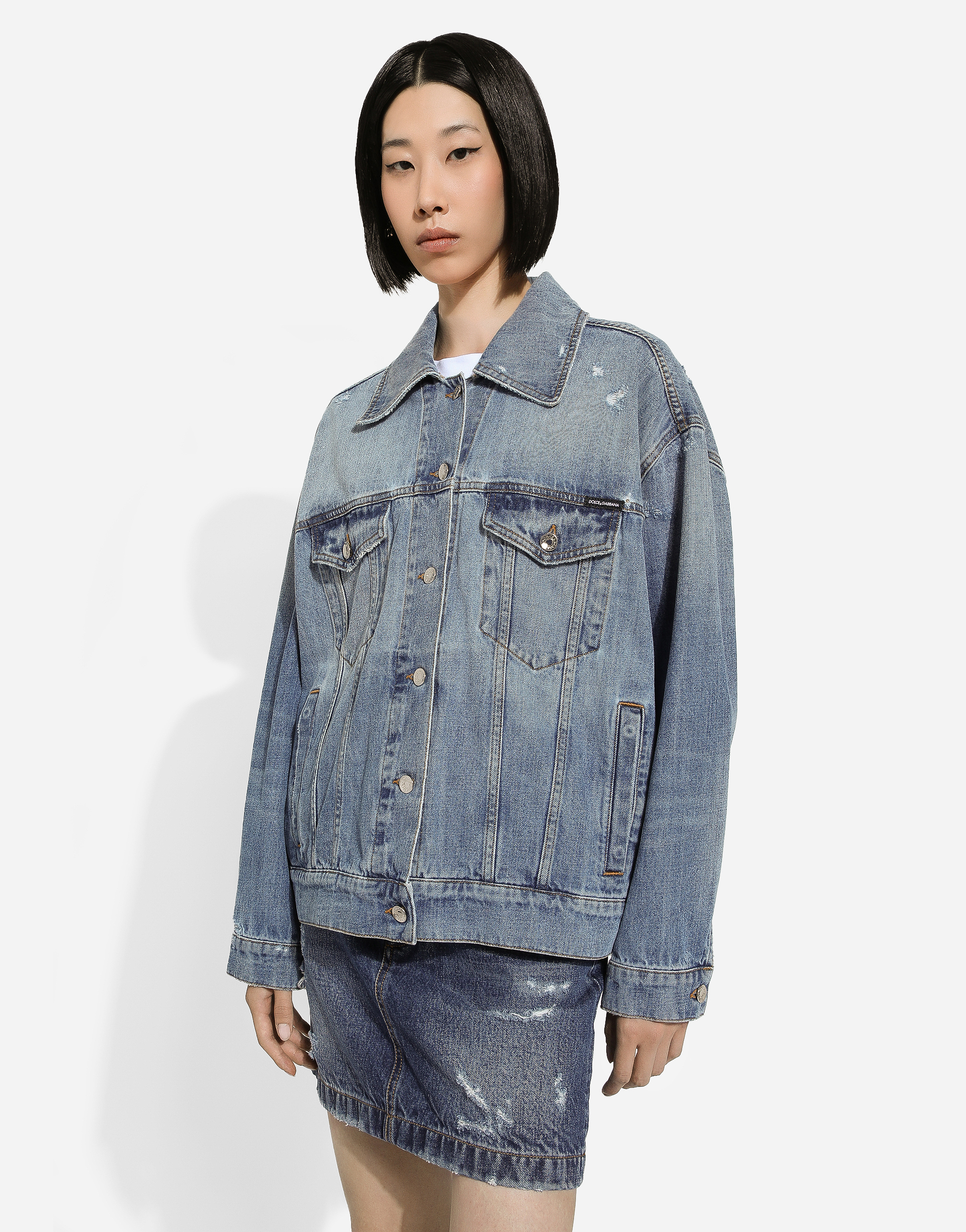 Shop Dolce & Gabbana Denim Jacket With Branded Plate In Blue