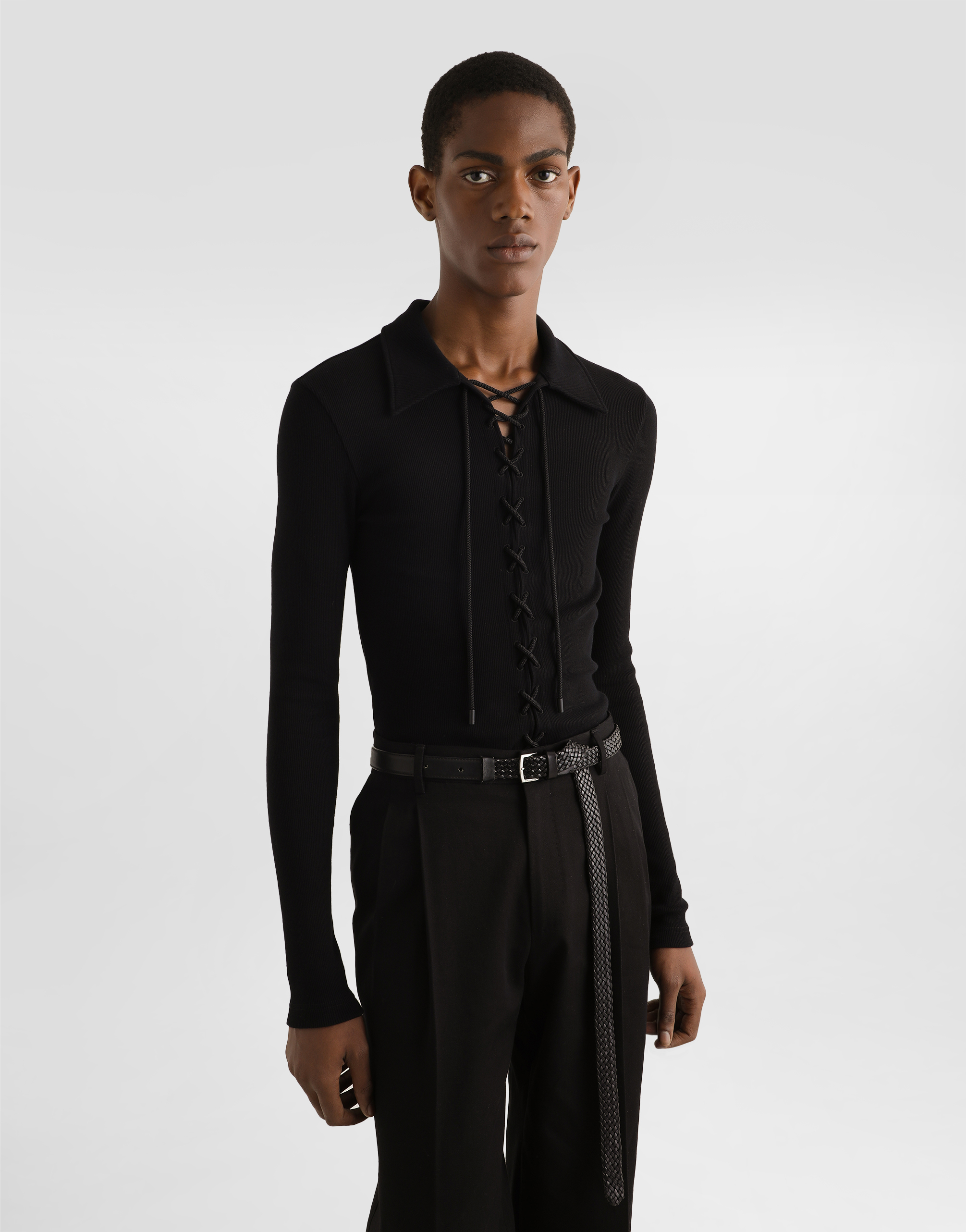 Long-sleeved interlock jersey polo-shirt with laces