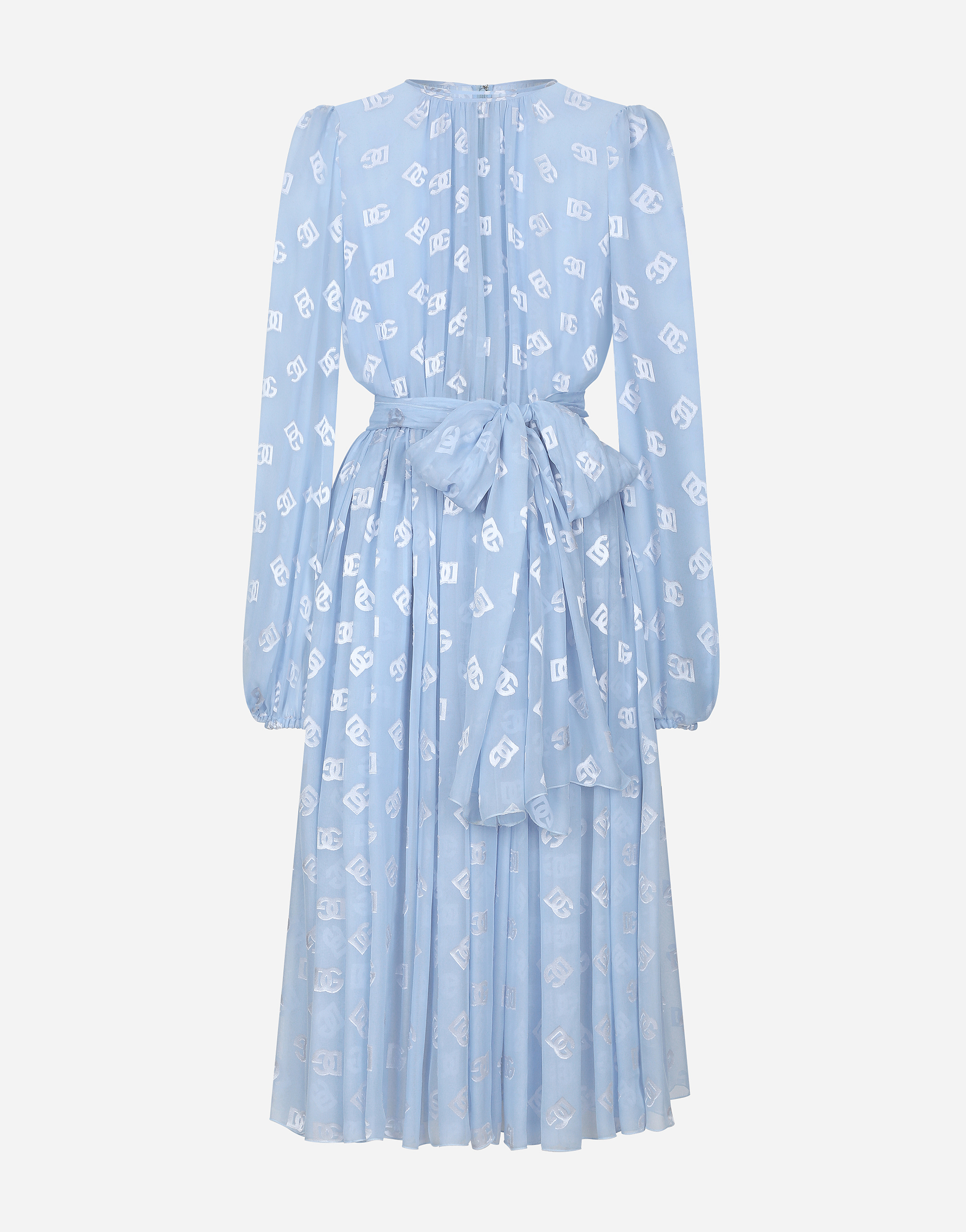 Dolce & Gabbana Dévoré Silk Jacquard Calf-length Dress With Dg Logo - Woman Dresses Azure