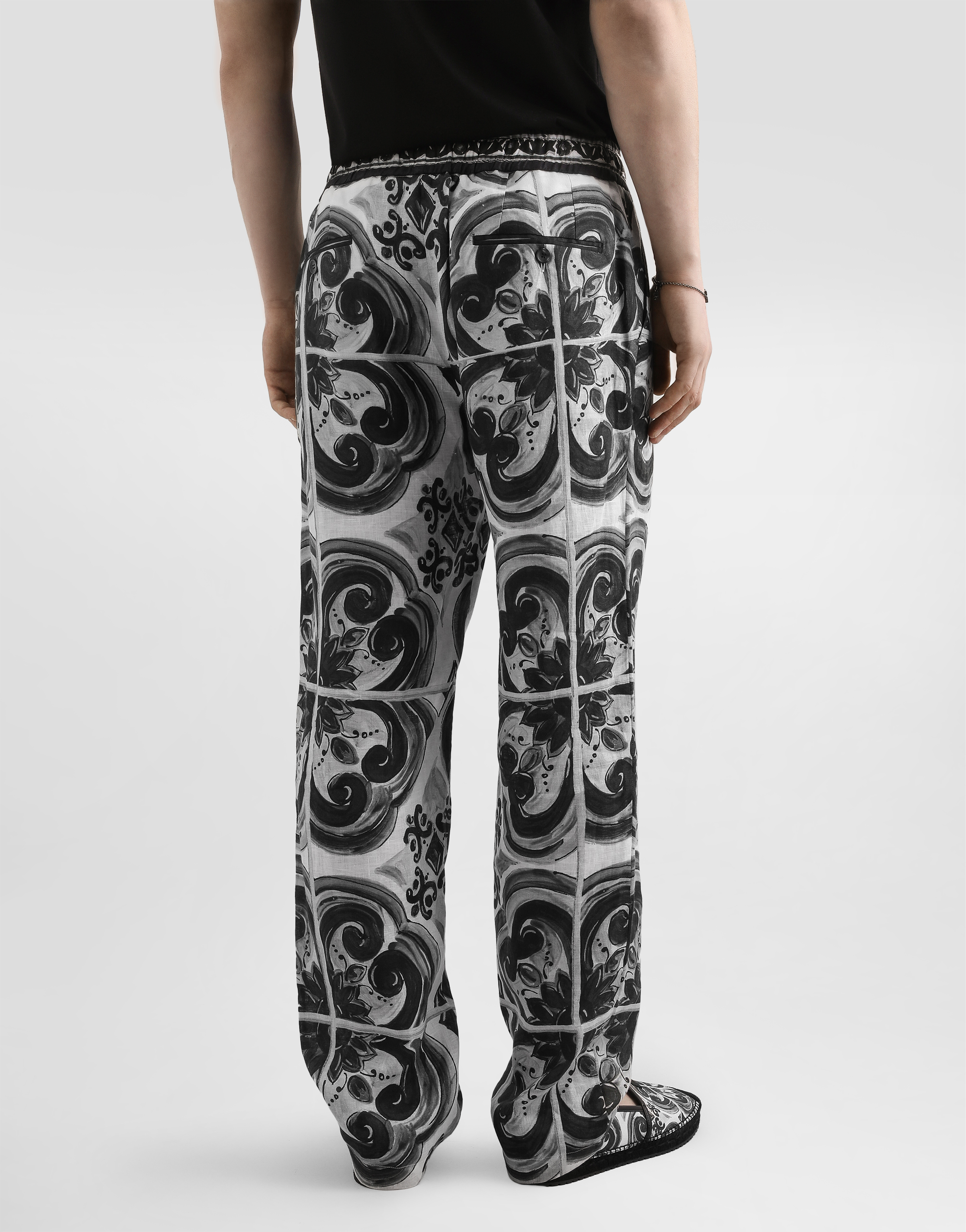 Majolica-print linen trousers
