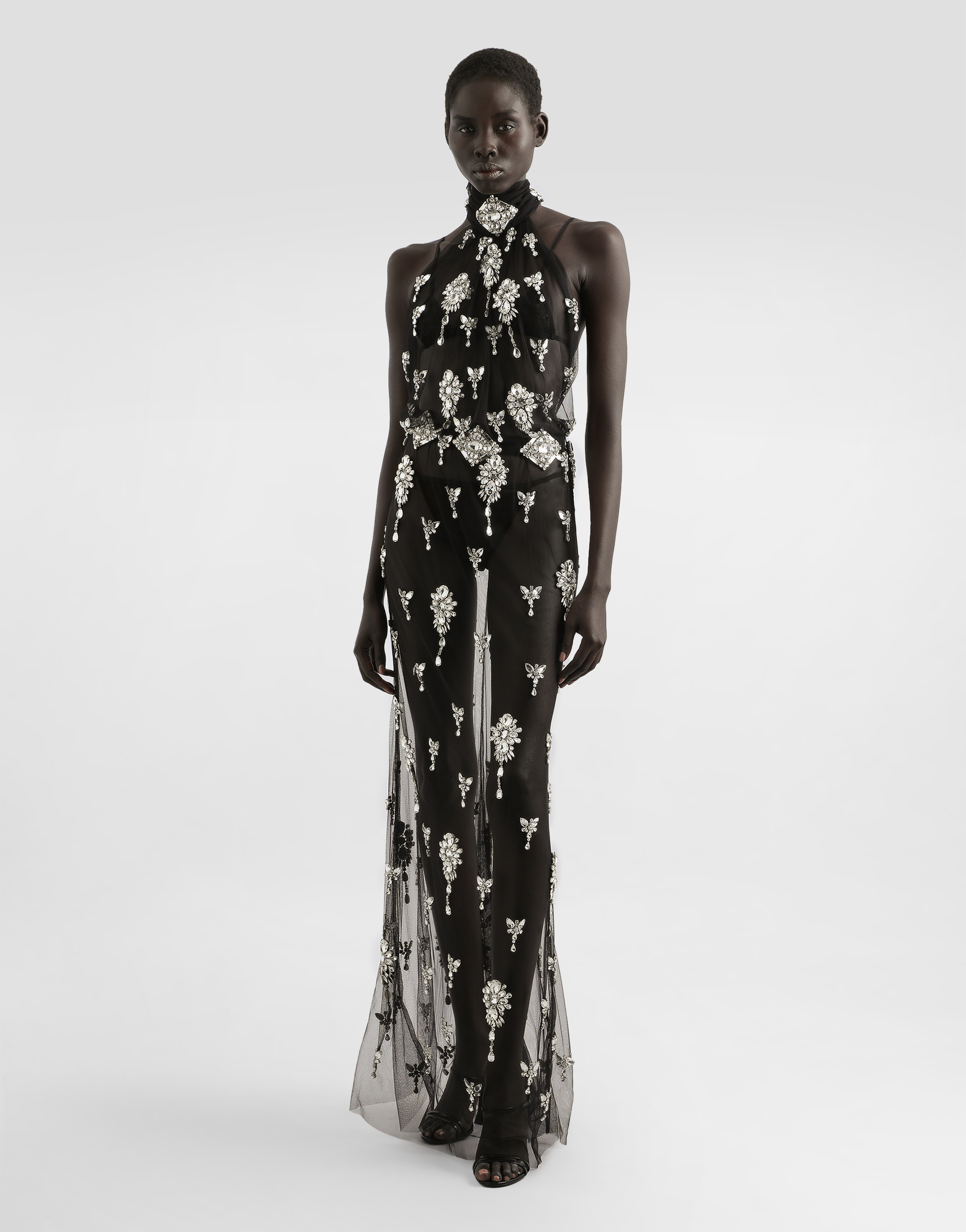 Long dress in tulle embroidered with rhinestones
