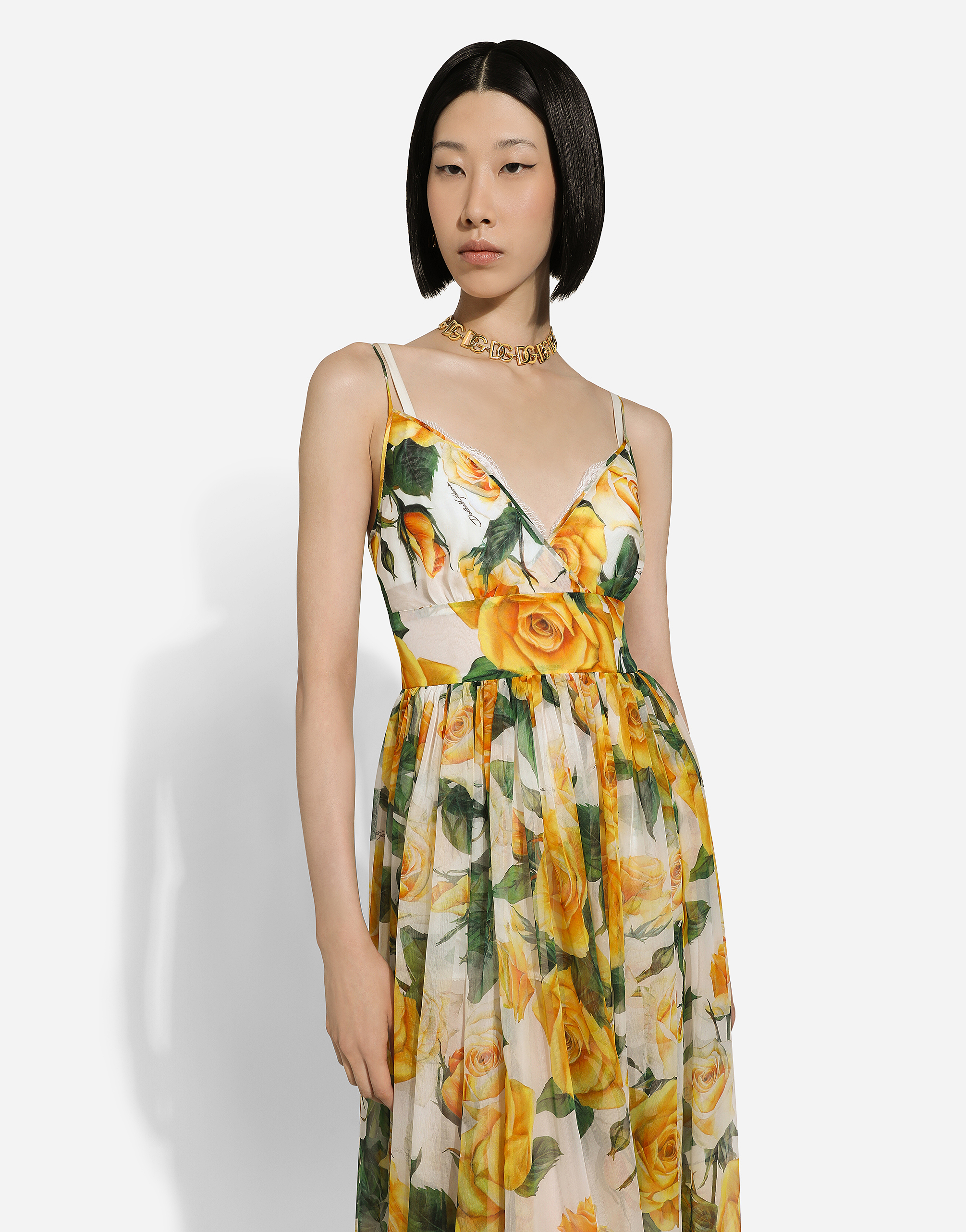 Shop Dolce & Gabbana Long Silk Chiffon Dress With Yellow Rose Print
