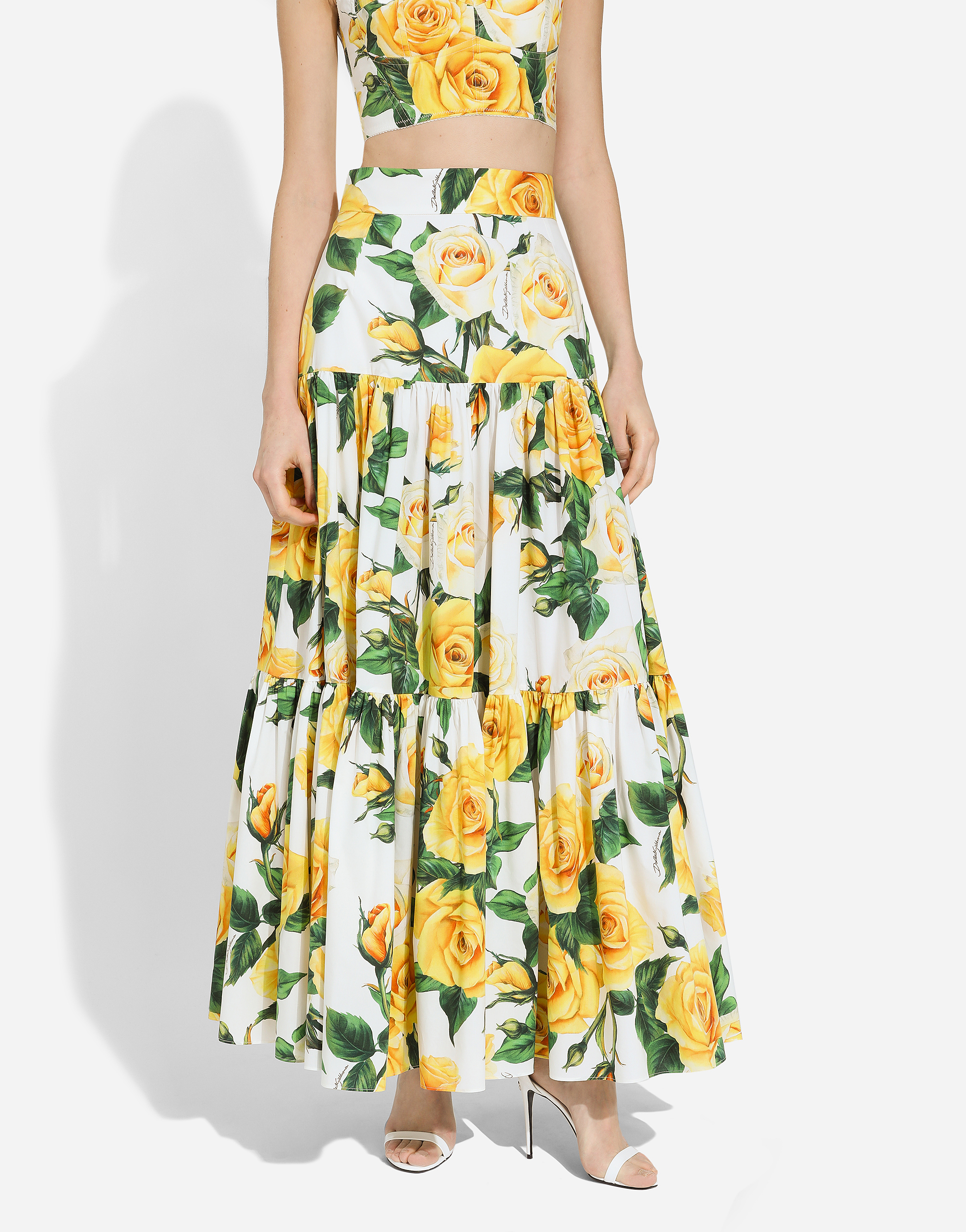 Shop Dolce & Gabbana Long Ruffled Skirt In Yellow Rose-print Cotton