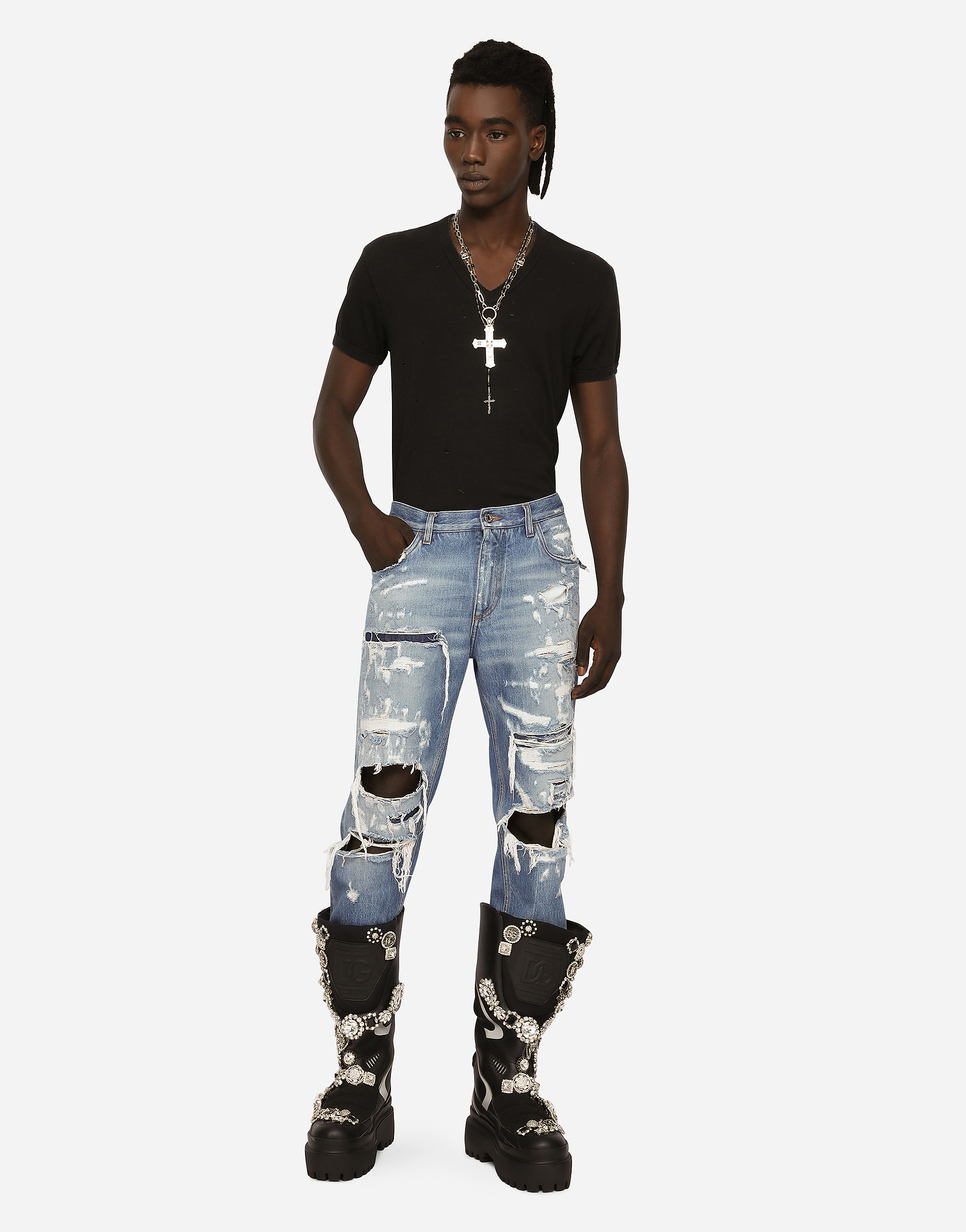 Dolce & Gabbana Loose Blue Wash Denim Jeans With Rips In Grey | ModeSens