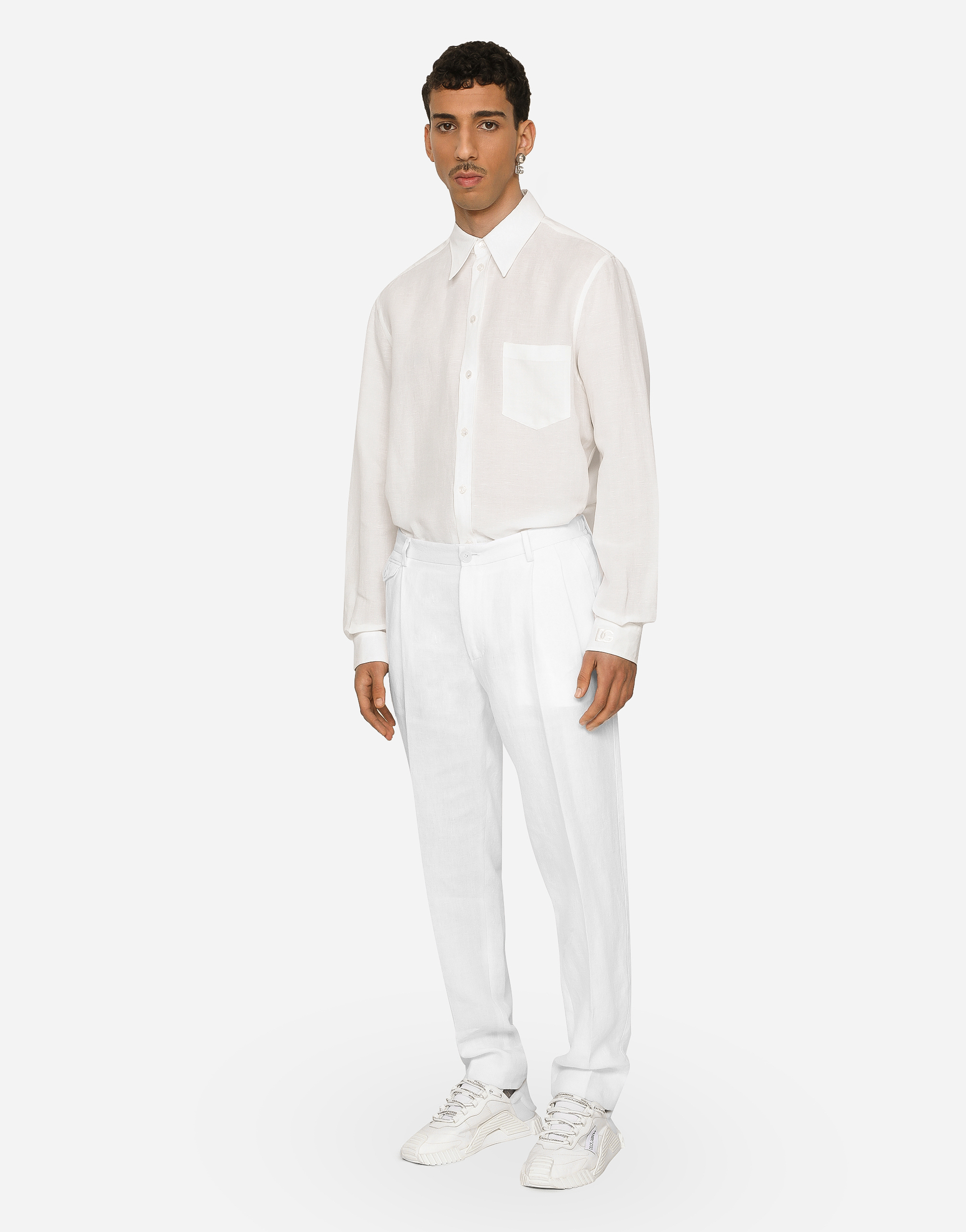DOLCE & GABBANA LINEN-BLEND MARTINI-FIT SHIRT WITH DG EMBROIDERY