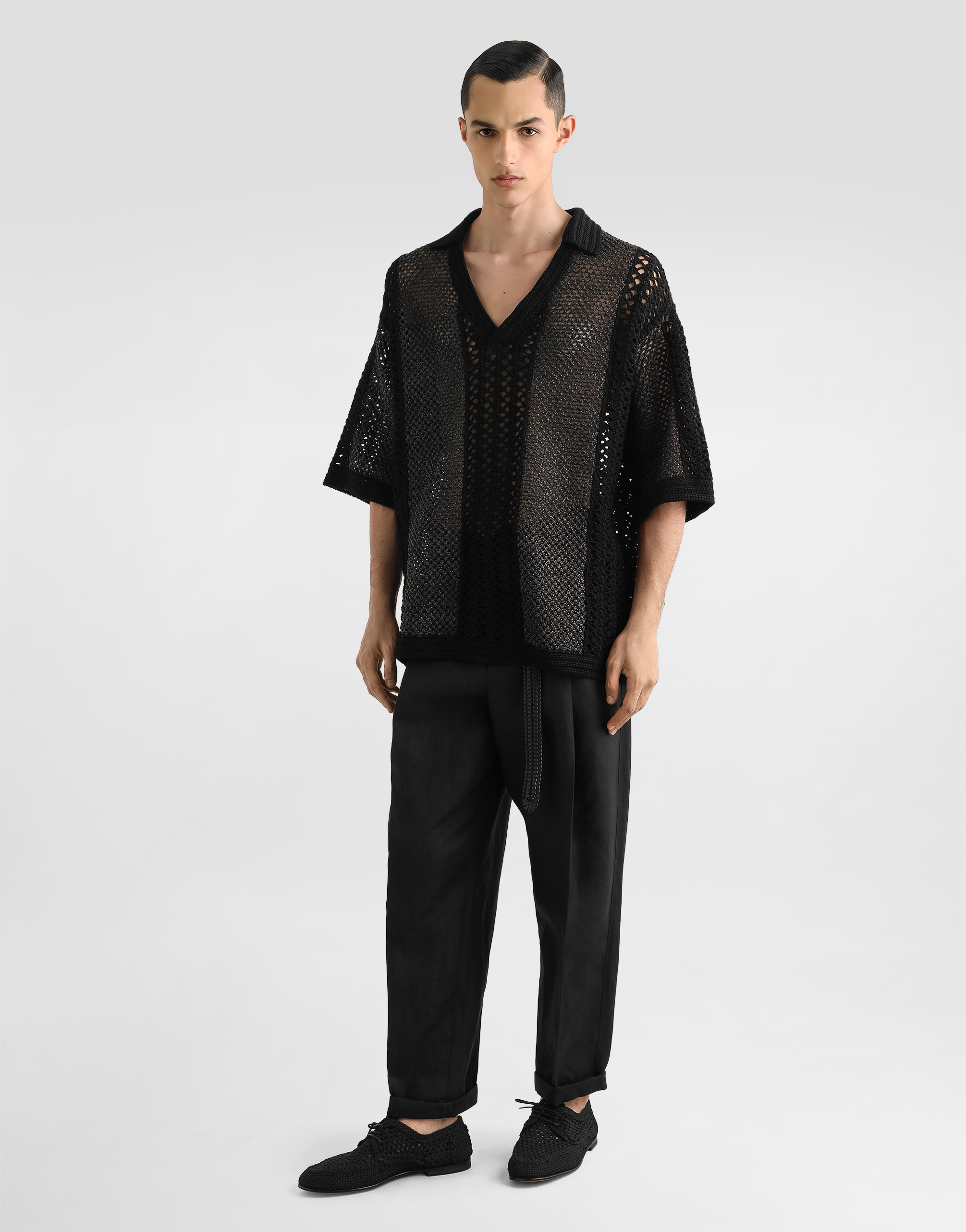Dolce & Gabbana Short-sleeved Cotton Crochet Polo-shirt In Black