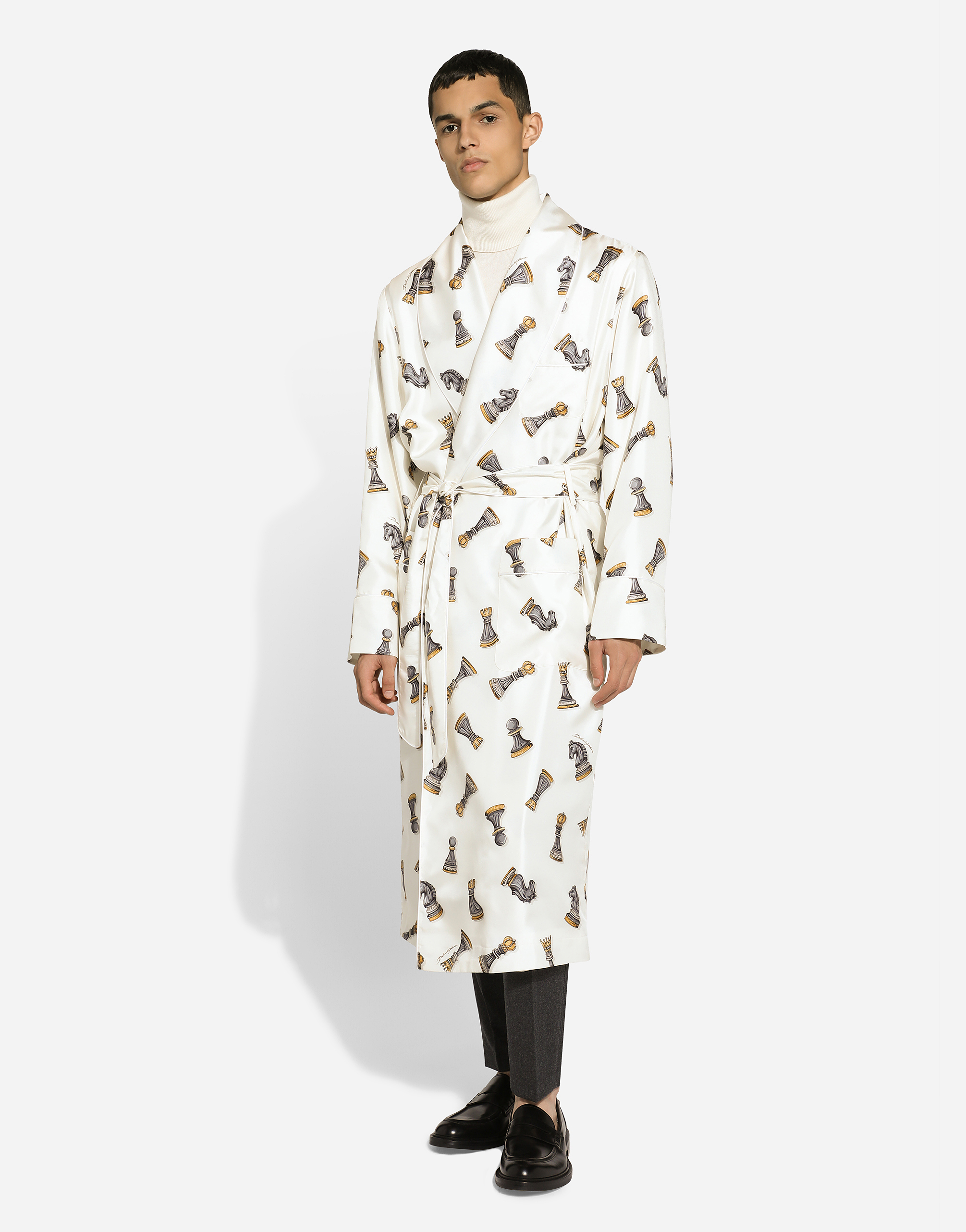 Dolce & Gabbana Silk Twill Robe With Chess-piece Print In Print