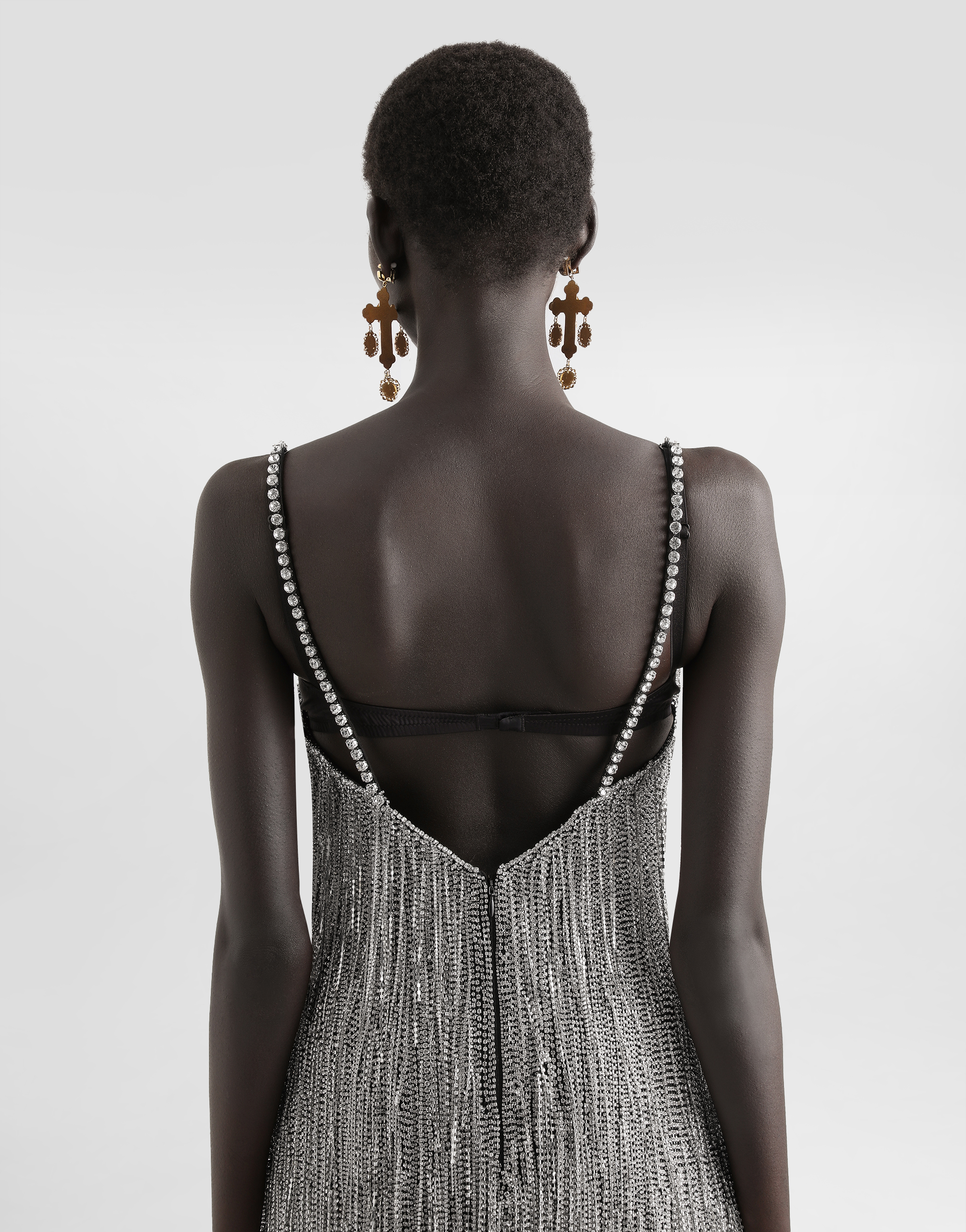 Dolce & Gabbana Marquisette Calf-length Dress With Sequined Fringing In Multicolor